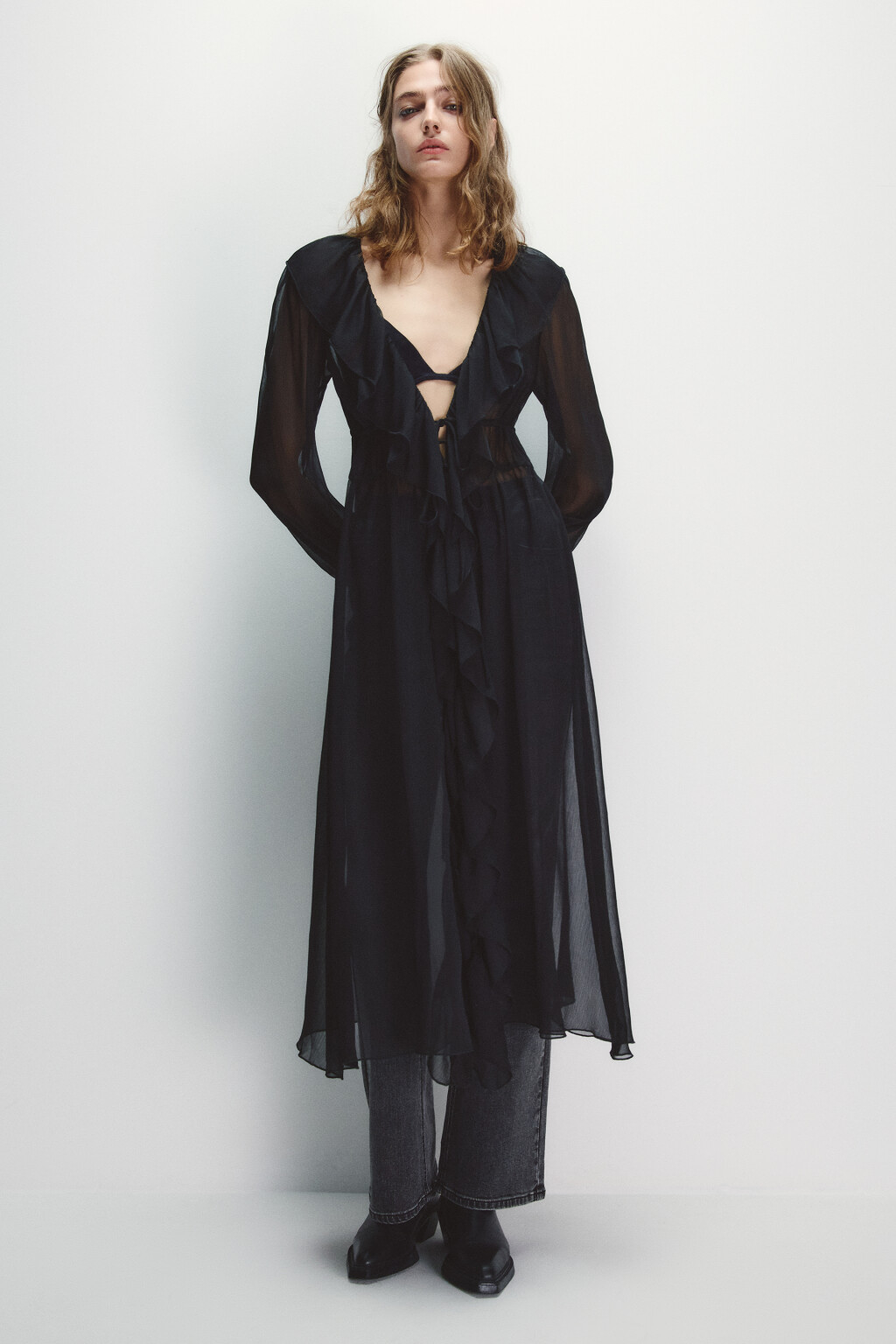 Платье-туника шифоновое с воланами - цвет черный - 5