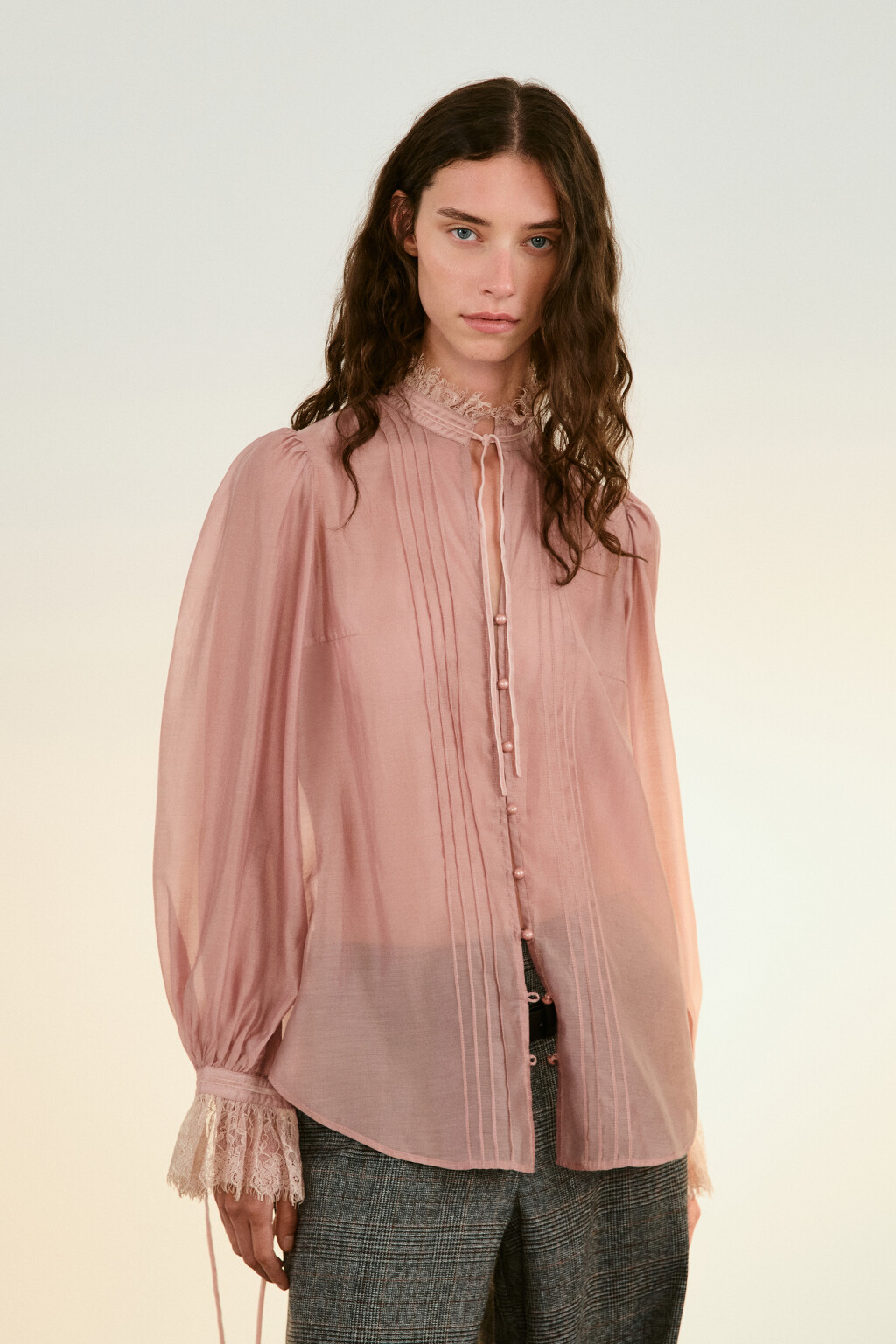 Блузка из тенсела с кружевом - цвет розовый - 3