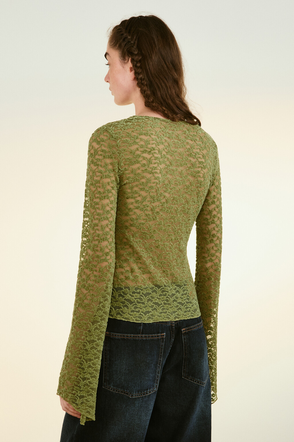 Блузка кружевная с рукавами клеш - цвет зеленый - 3