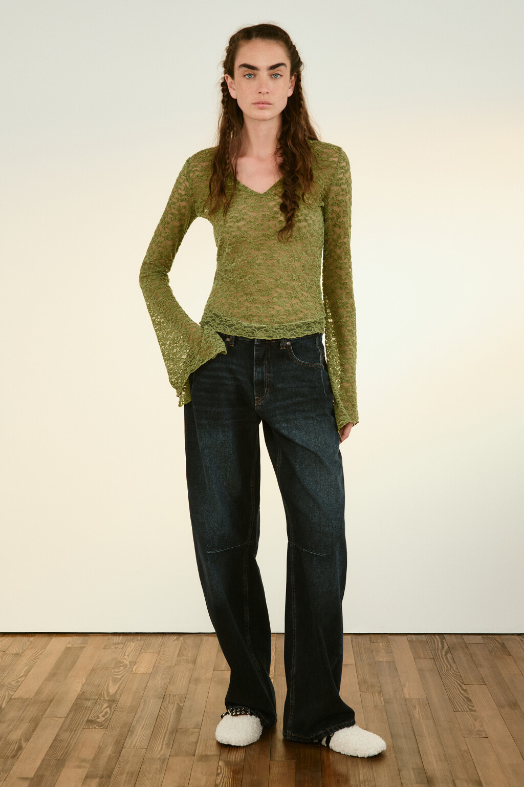 Блузка кружевная с рукавами клеш - цвет зеленый - 4