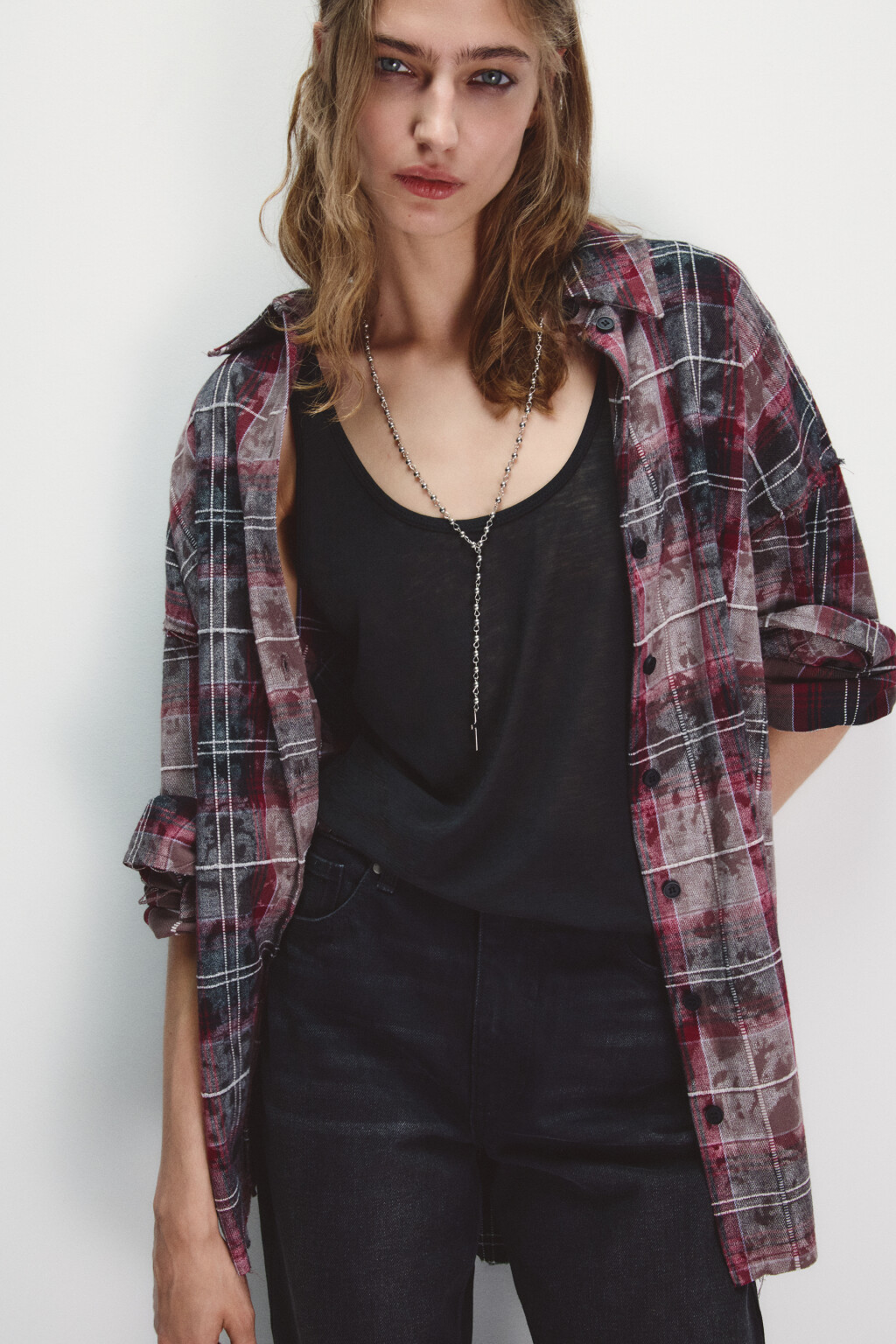 Рубашка в клетку с состаренным эффектом - цвет розовый - 1