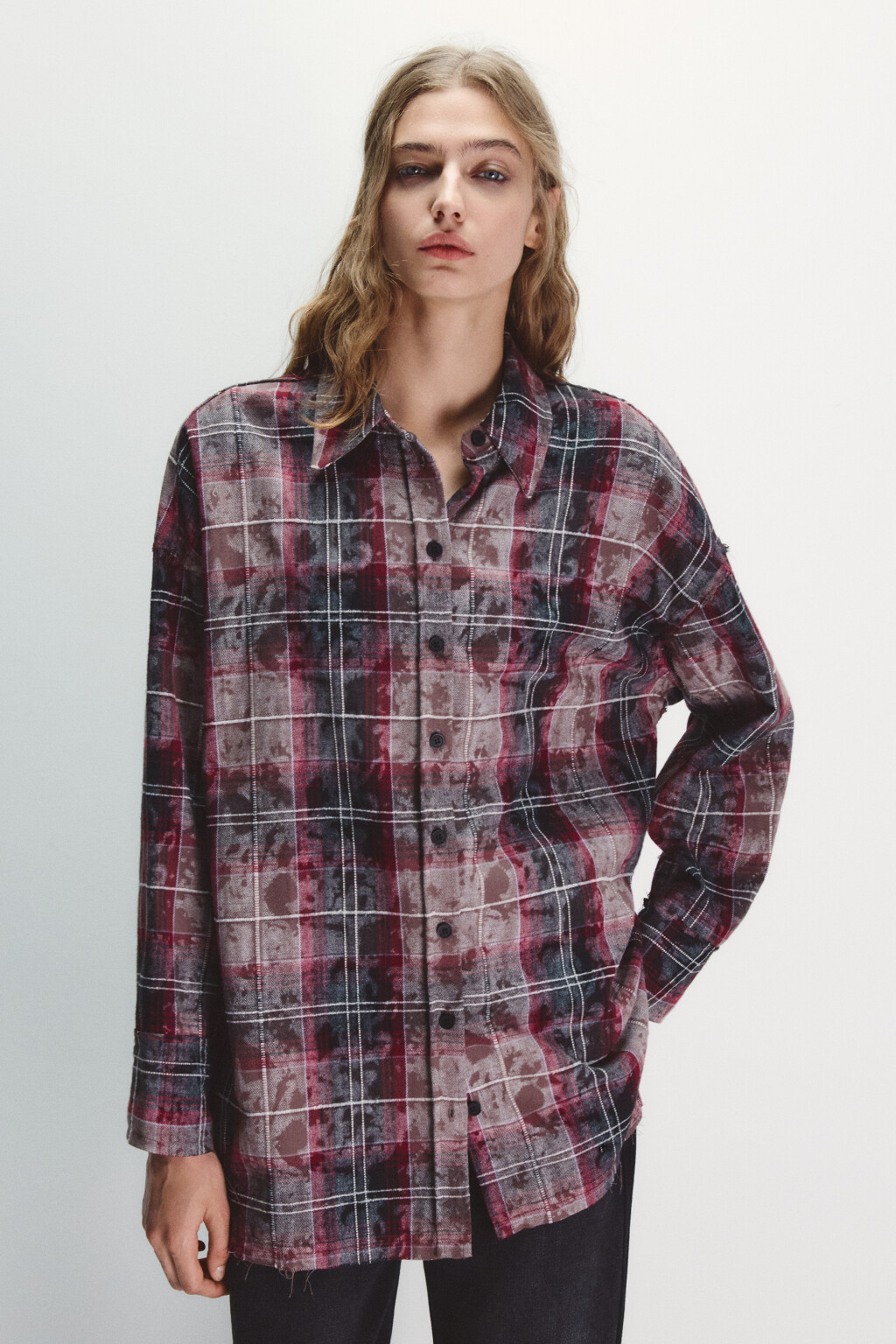 Рубашка в клетку с состаренным эффектом - цвет розовый - 2