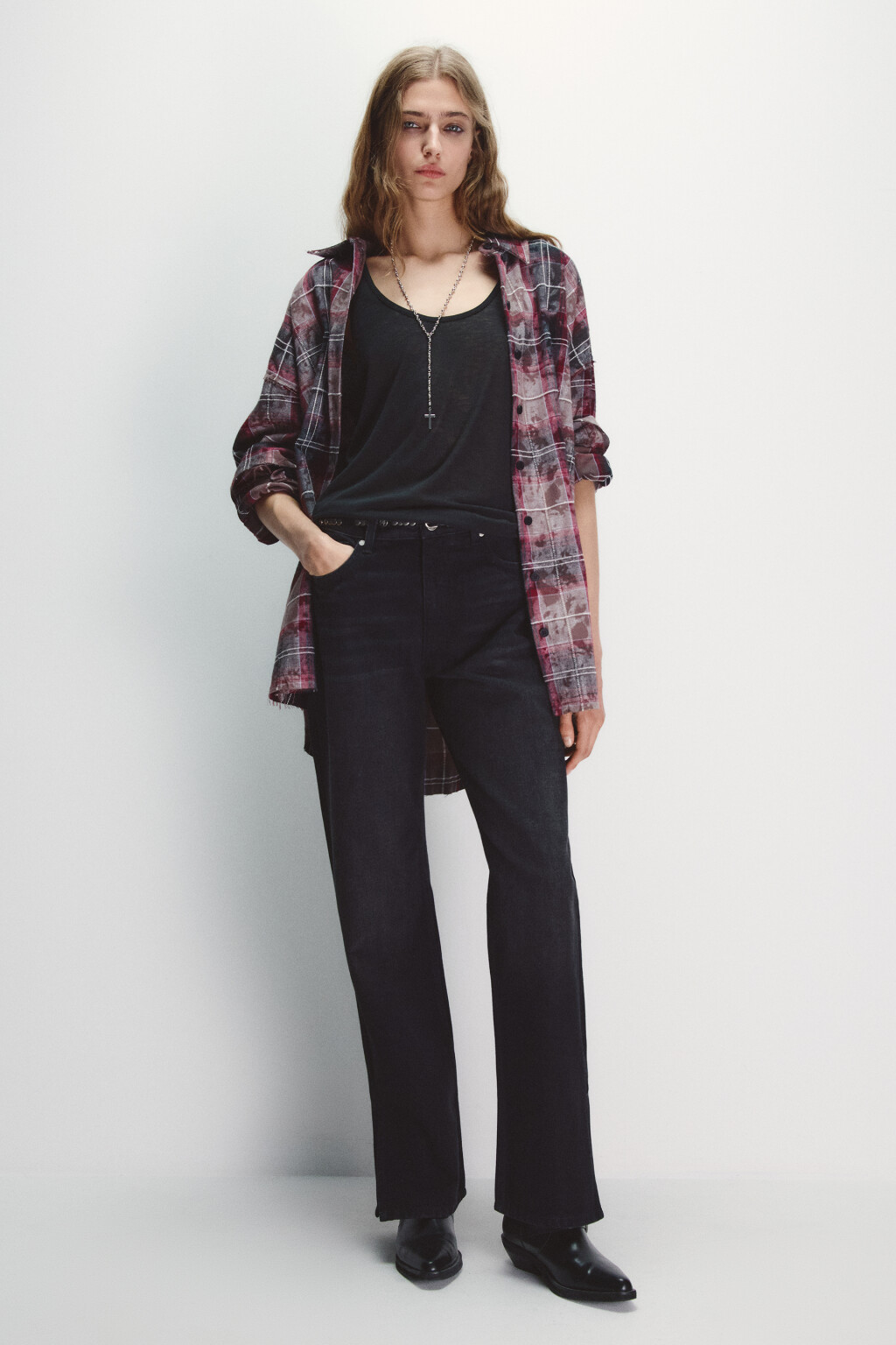 Рубашка в клетку с состаренным эффектом - цвет розовый - 4