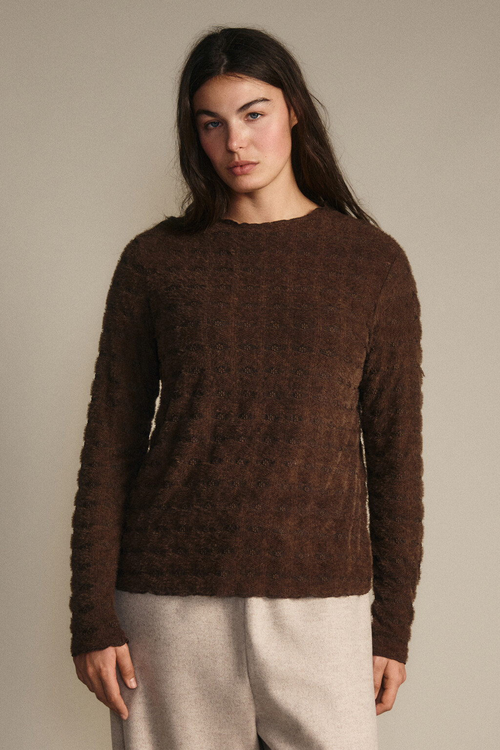 Блузка ажурная с волнистыми краями - цвет коричневый - 2