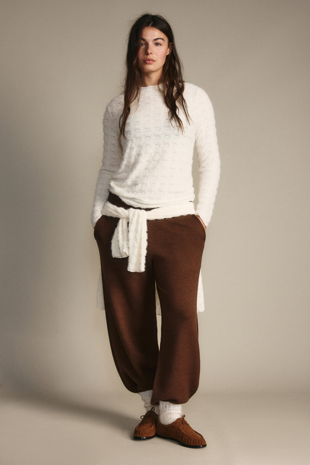 Блузка ажурная с волнистыми краями - цвет молочный - 4