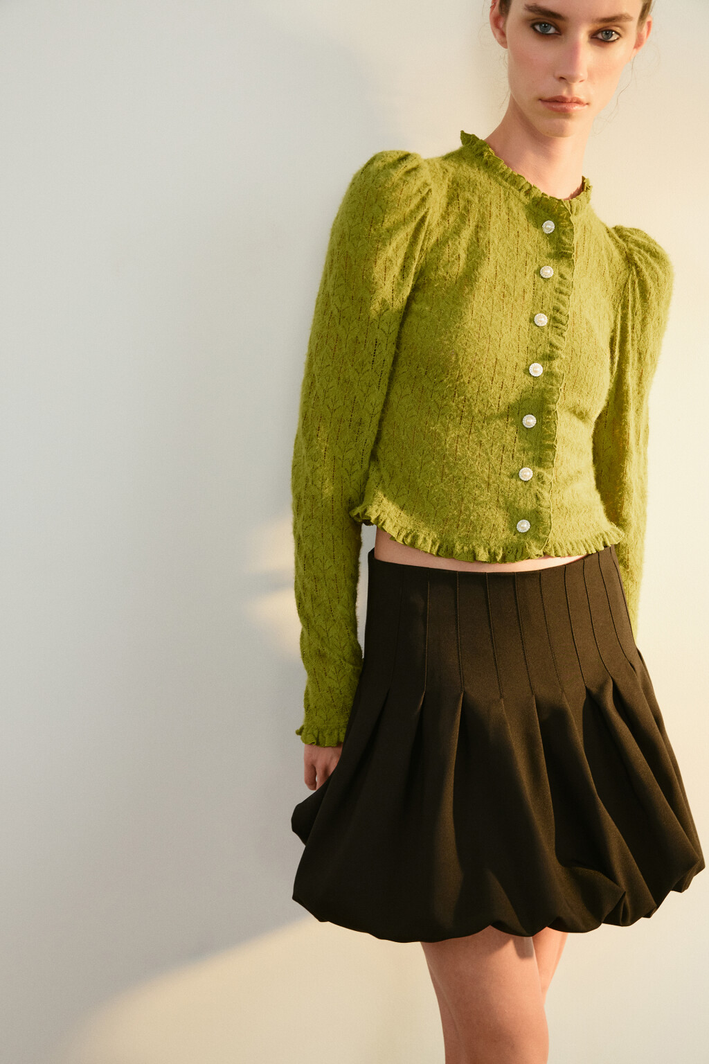 Блузка кружевная с оборками - цвет зеленый - 1