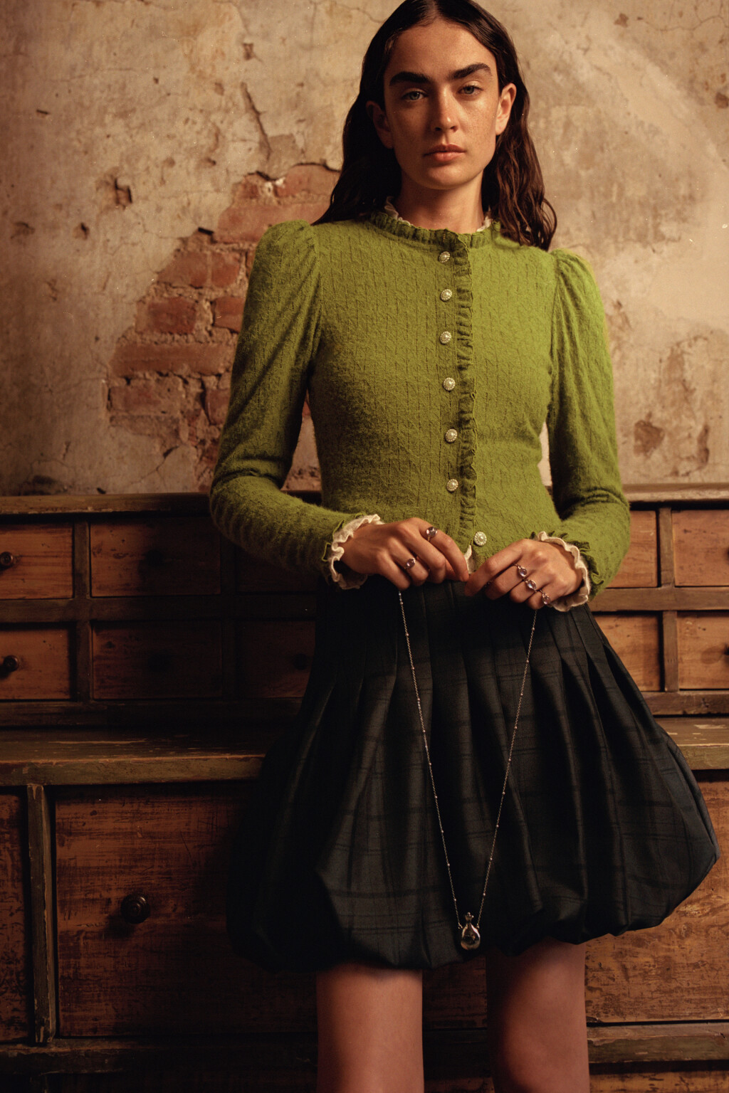 Блузка кружевная с оборками - цвет зеленый - 8