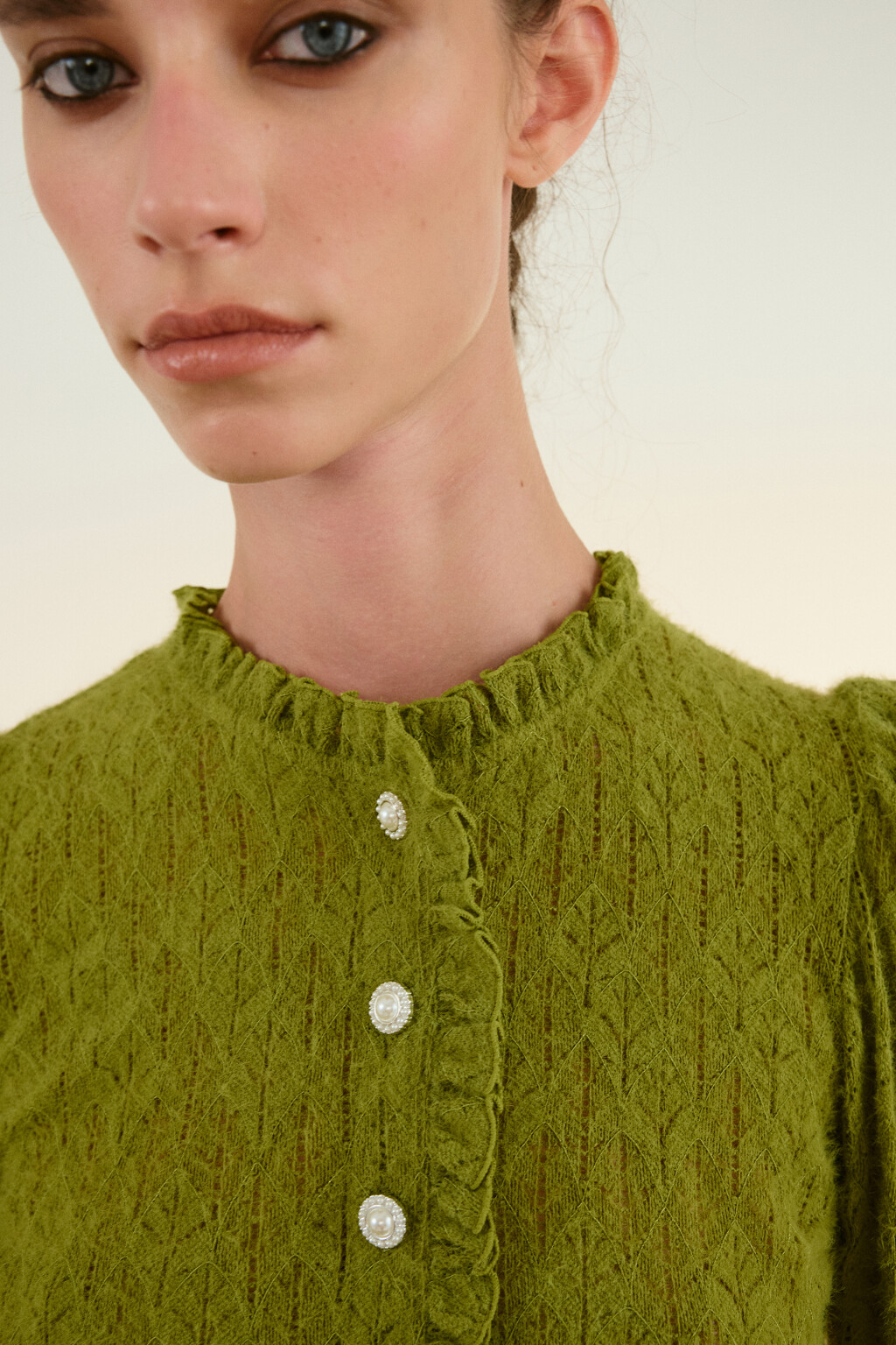 Блузка кружевная с оборками - цвет зеленый - 6