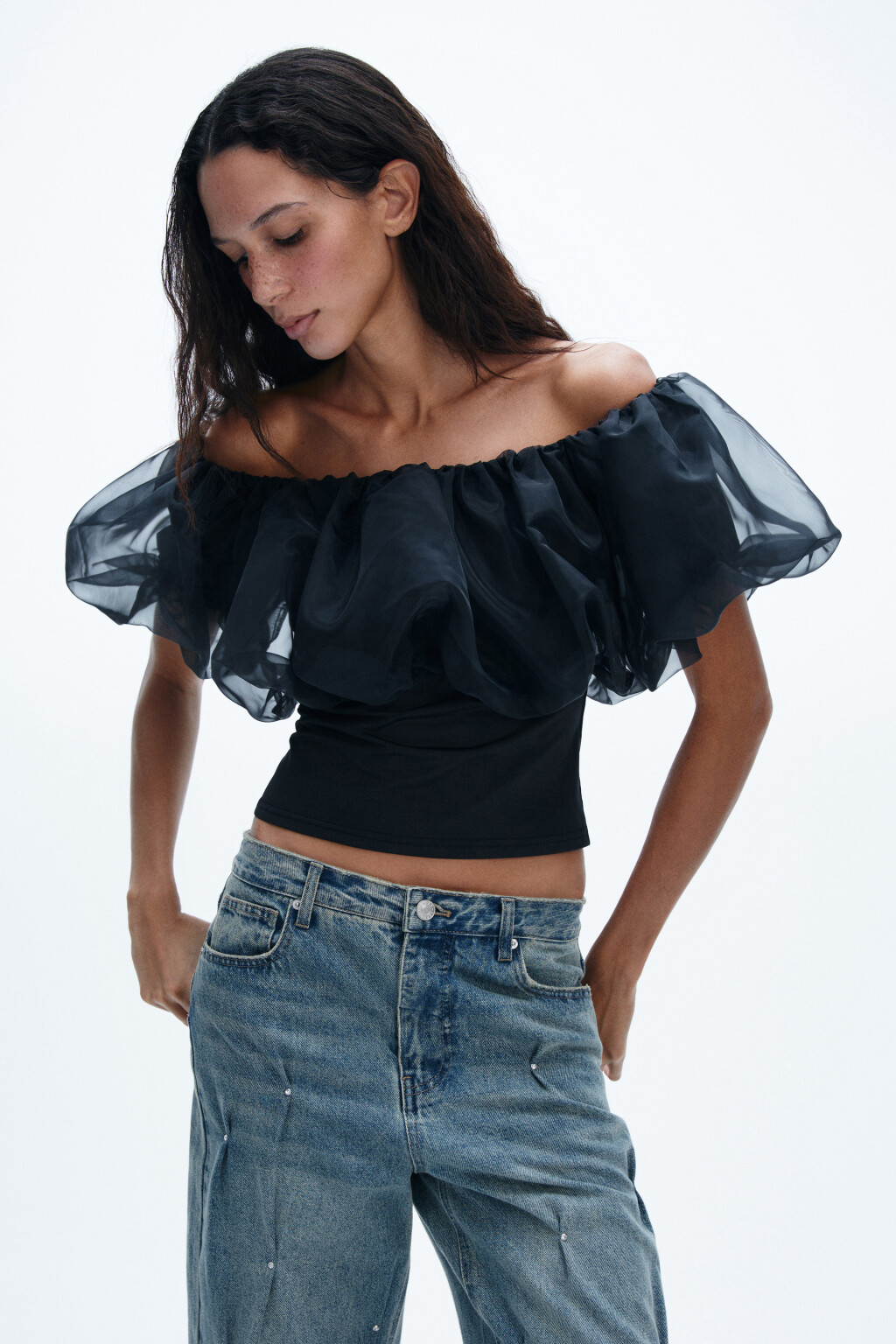 Топ с пышным лифом из органзы - цвет черный - 3