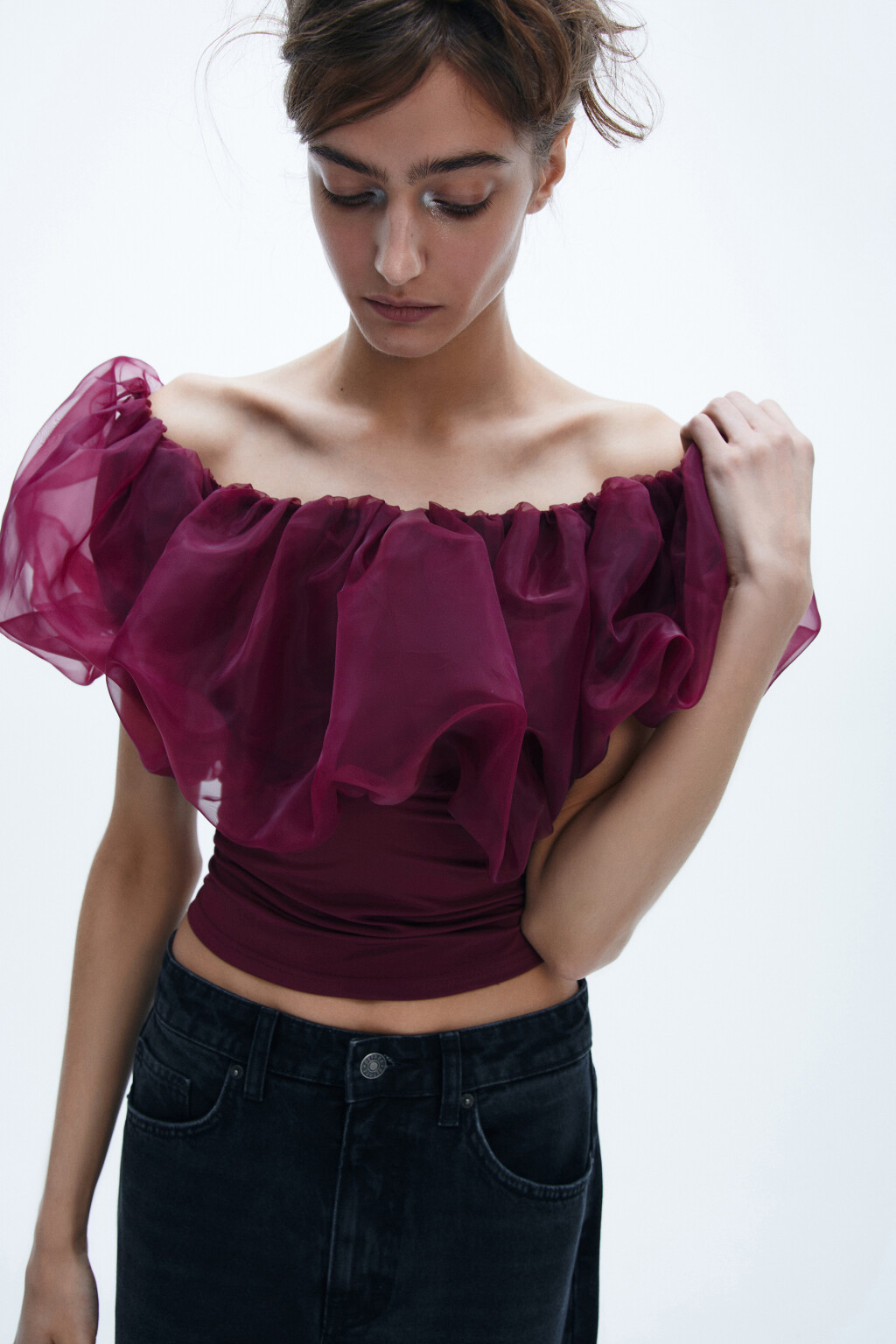 Топ с пышным лифом из органзы - цвет красный - 2