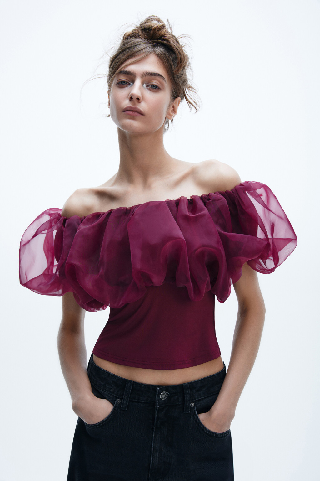 Топ с пышным лифом из органзы - цвет красный - 3