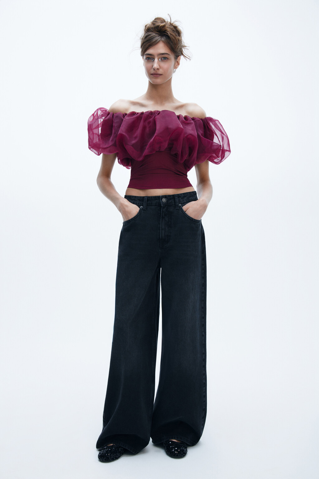 Топ с пышным лифом из органзы - цвет красный - 5