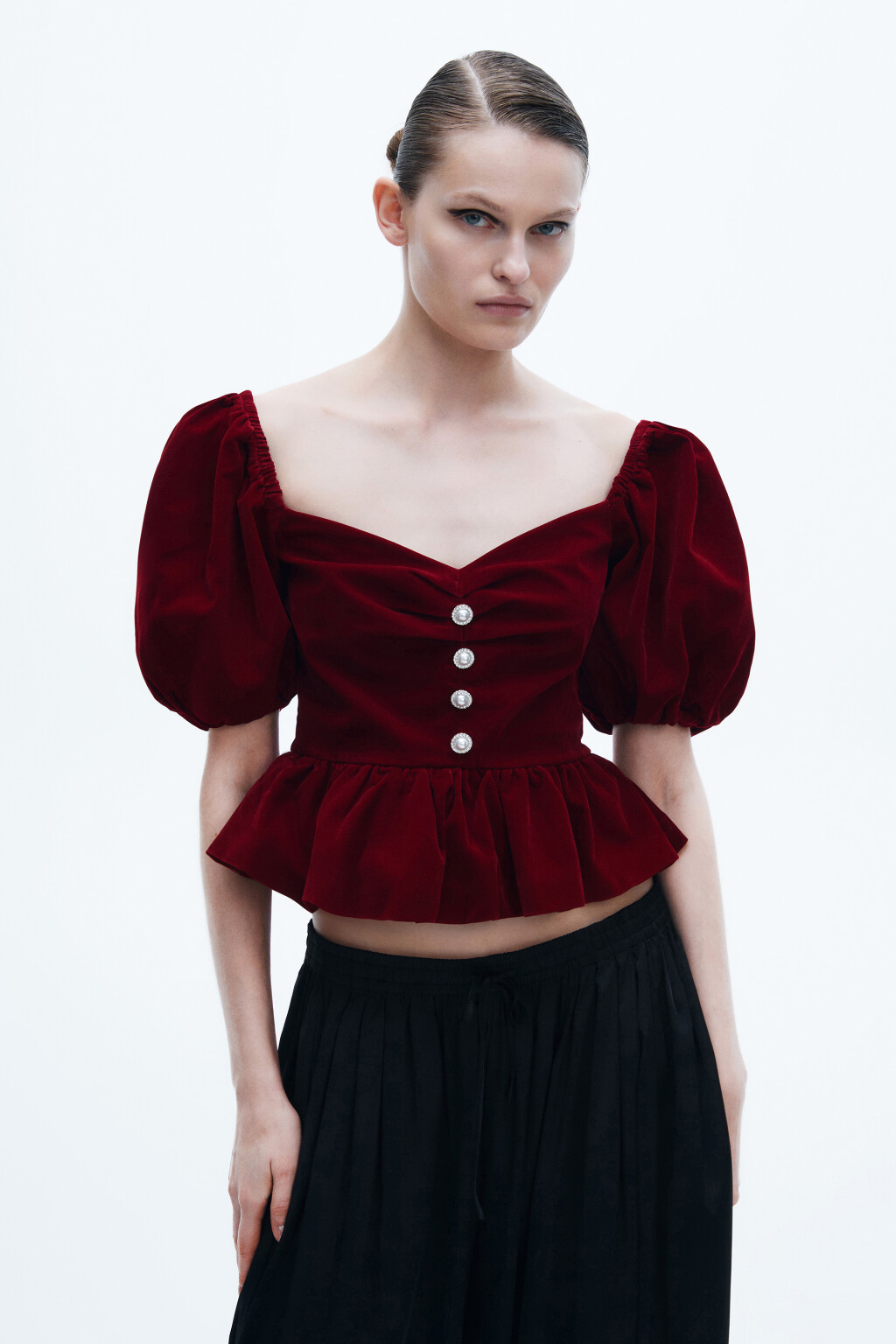 Топ бархатный с буфами и баской - цвет красный - 3