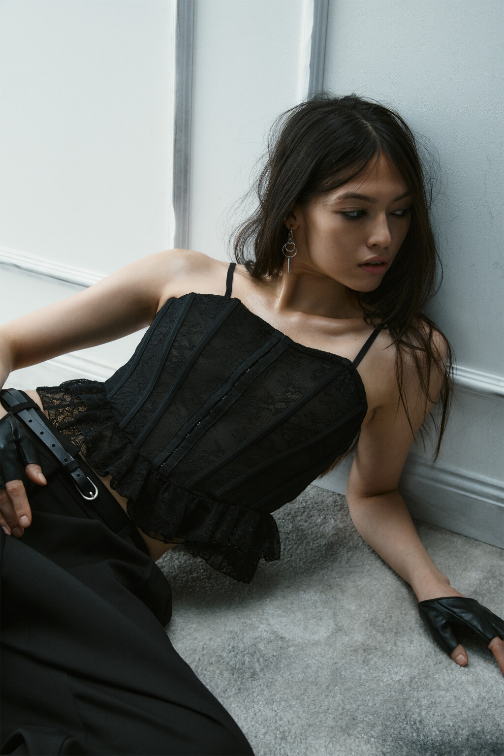 Топ-корсет кружевной с воланами - цвет черный - 1