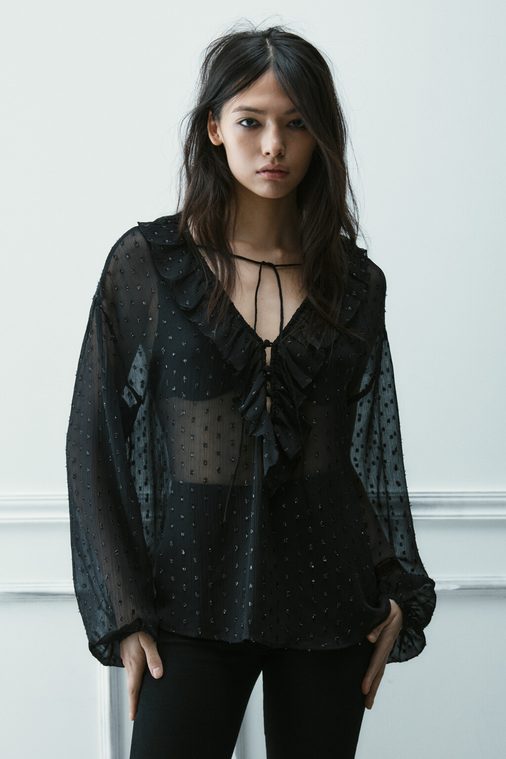 Блузка шифоновая с воланами - цвет черный - 2