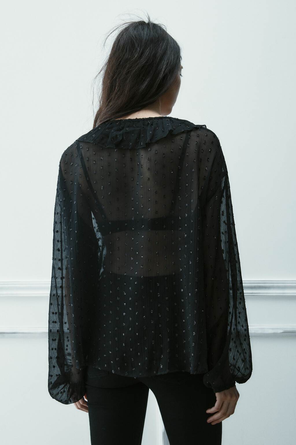 Блузка шифоновая с воланами - цвет черный - 3