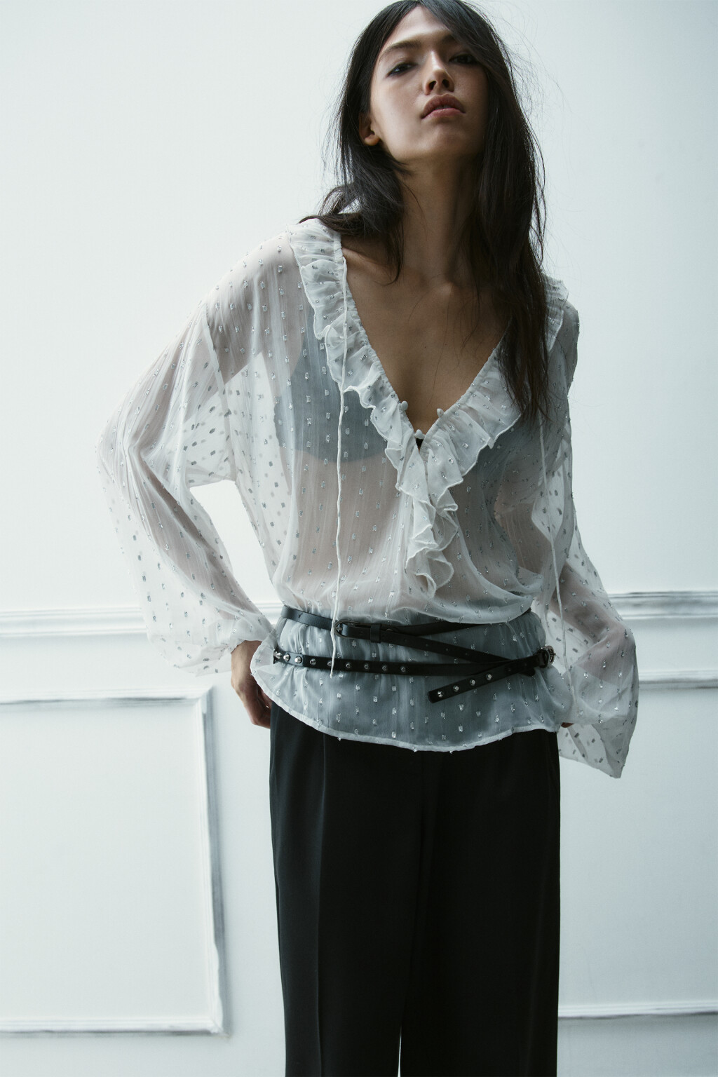 Блузка шифоновая с воланами - цвет молочный - 2