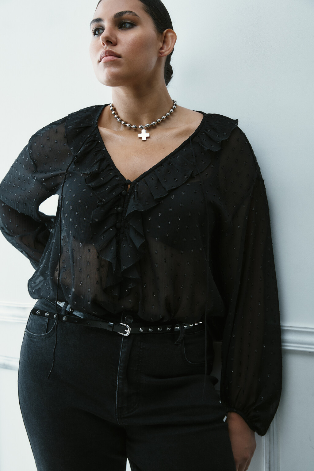 Блузка шифоновая с воланами - цвет черный - 1
