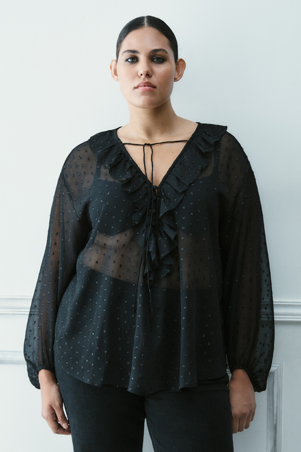 Блузка шифоновая с воланами - цвет черный - 2
