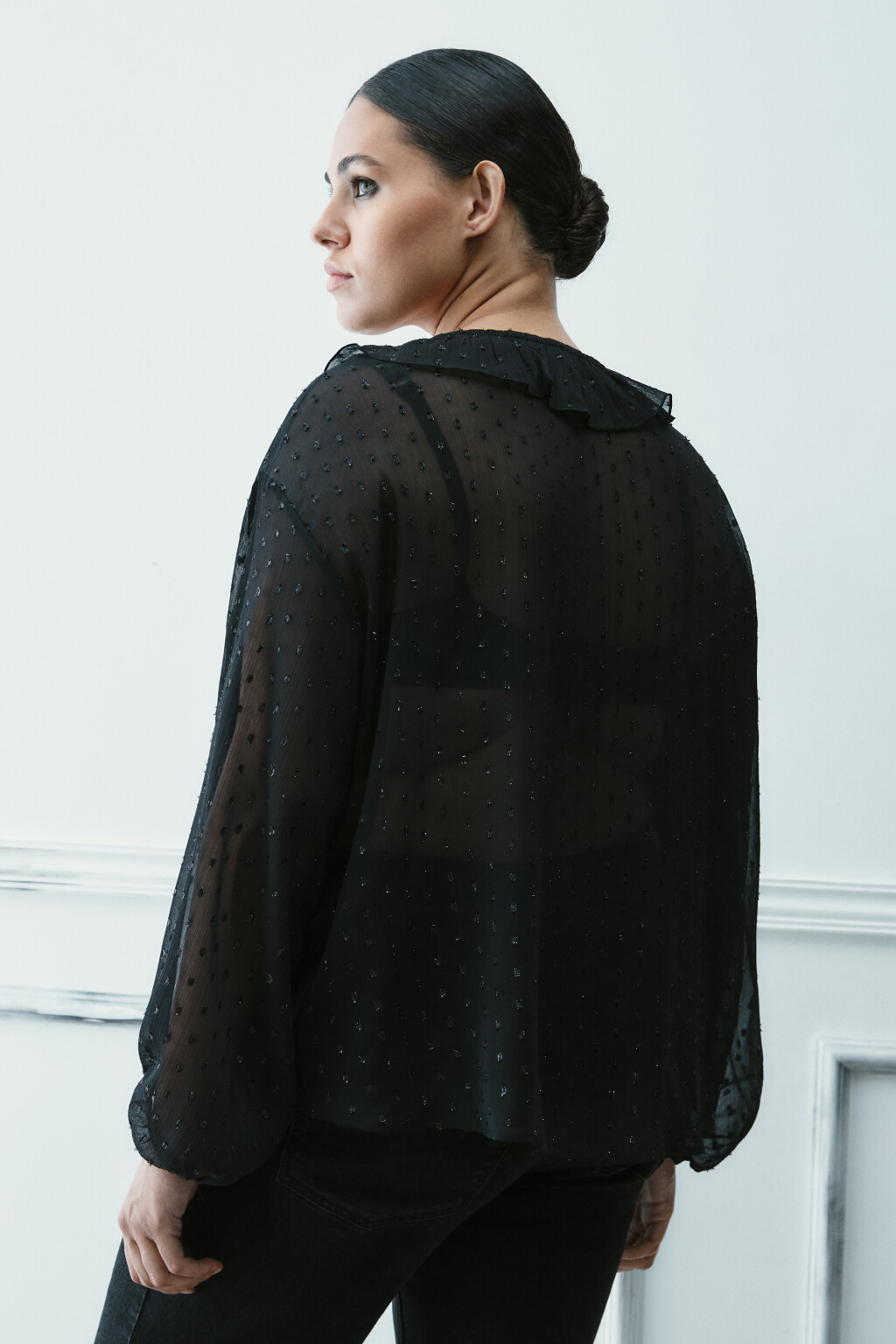 Блузка шифоновая с воланами - цвет черный - 3