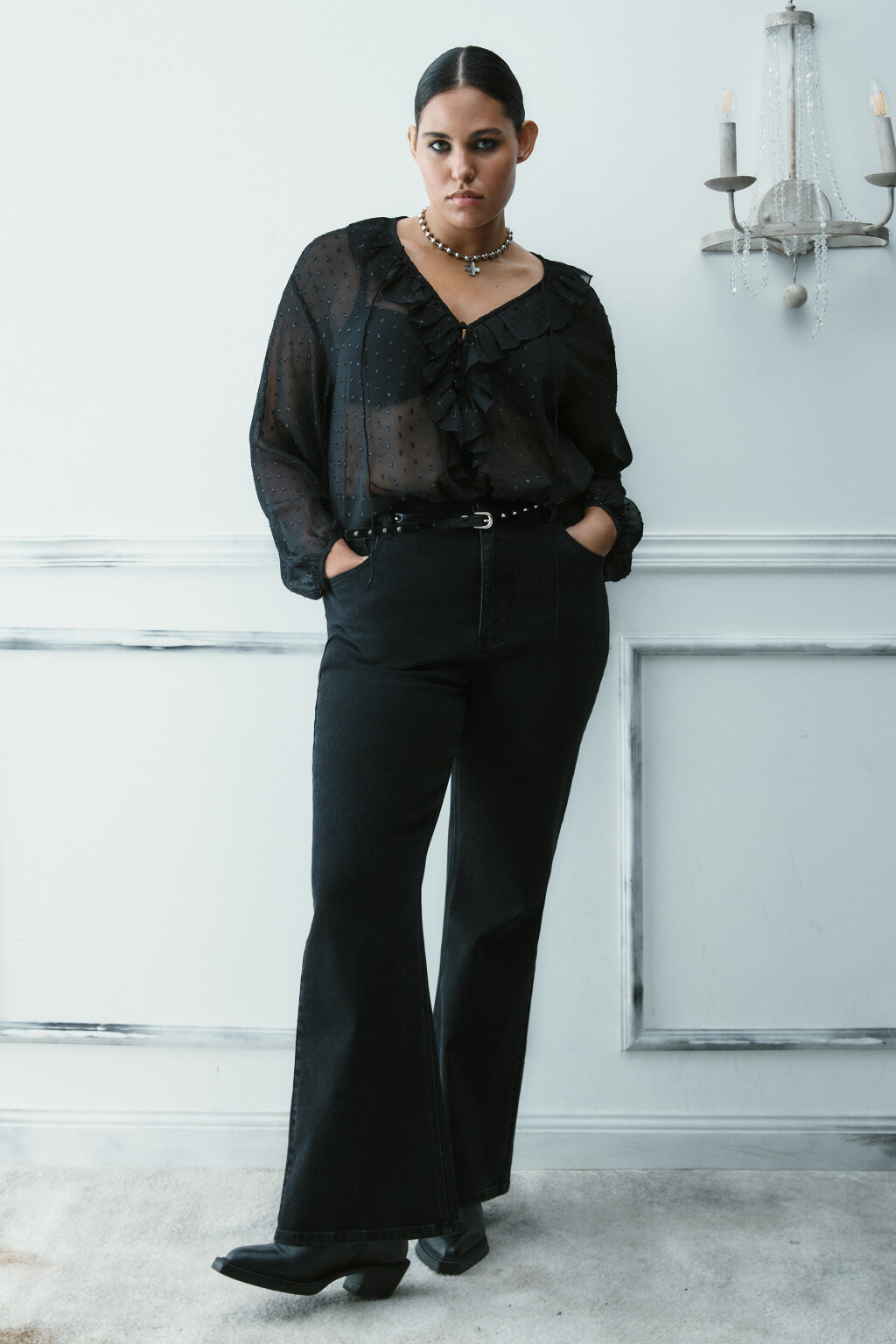 Блузка шифоновая с воланами - цвет черный - 4