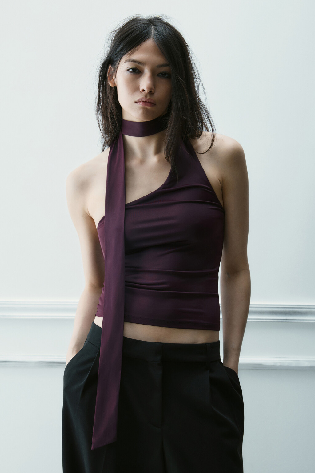 Топ на одно плечо с шарфом - цвет фиолетовый - 3