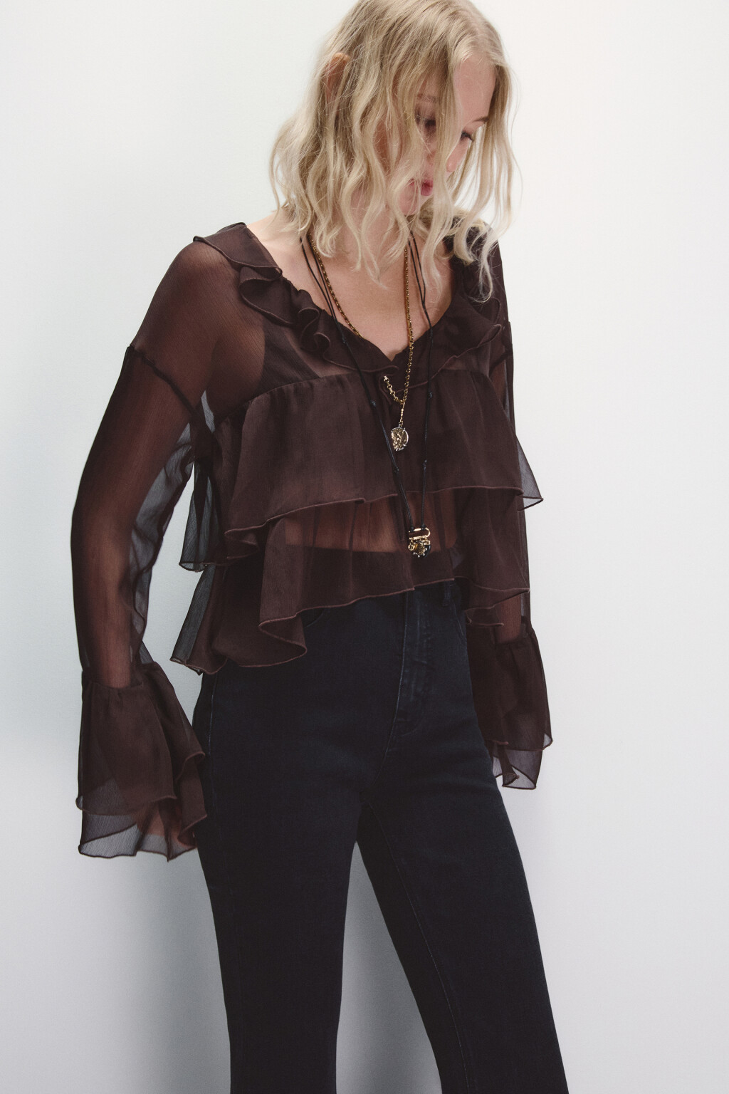 Блузка шифоновая с воланами - цвет коричневый - 1