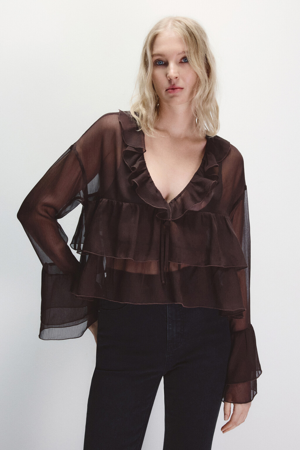 Блузка шифоновая с воланами - цвет коричневый - 2