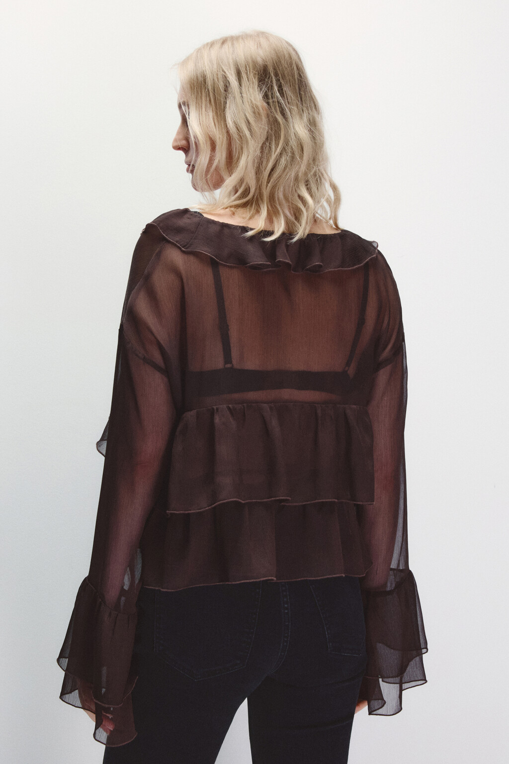 Блузка шифоновая с воланами - цвет коричневый - 3