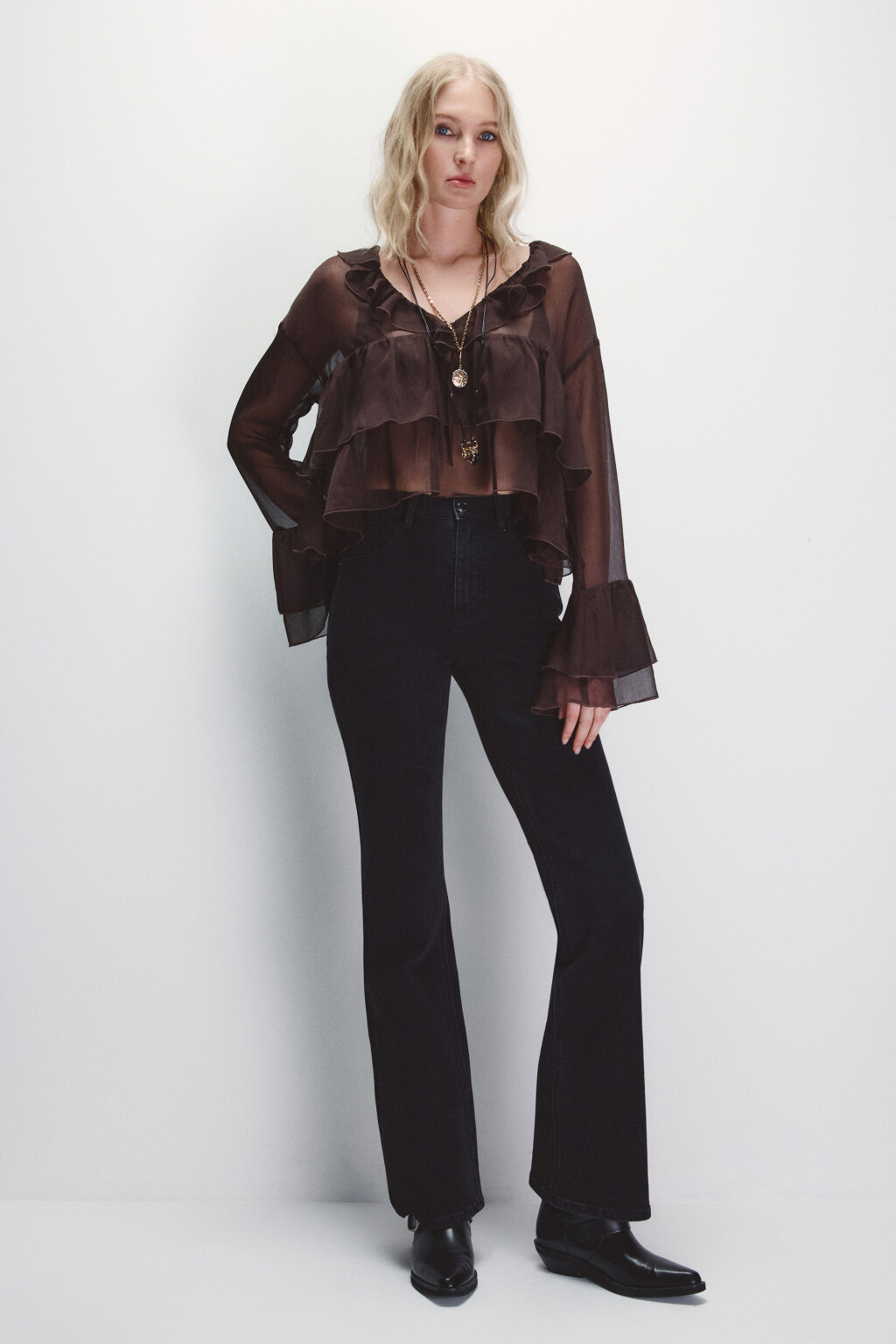 Блузка шифоновая с воланами - цвет коричневый - 4