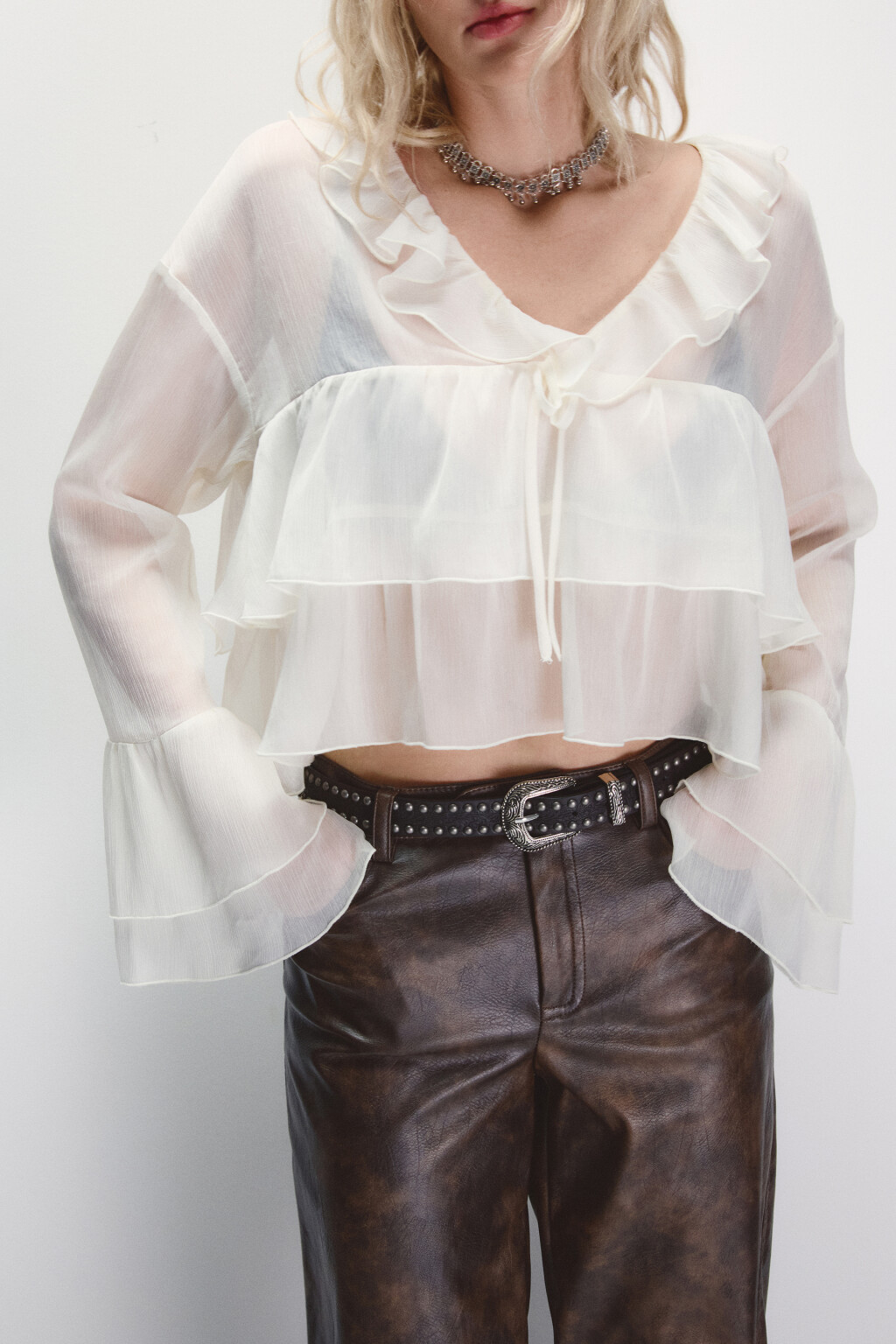 Блузка шифоновая с воланами - цвет молочный - 2