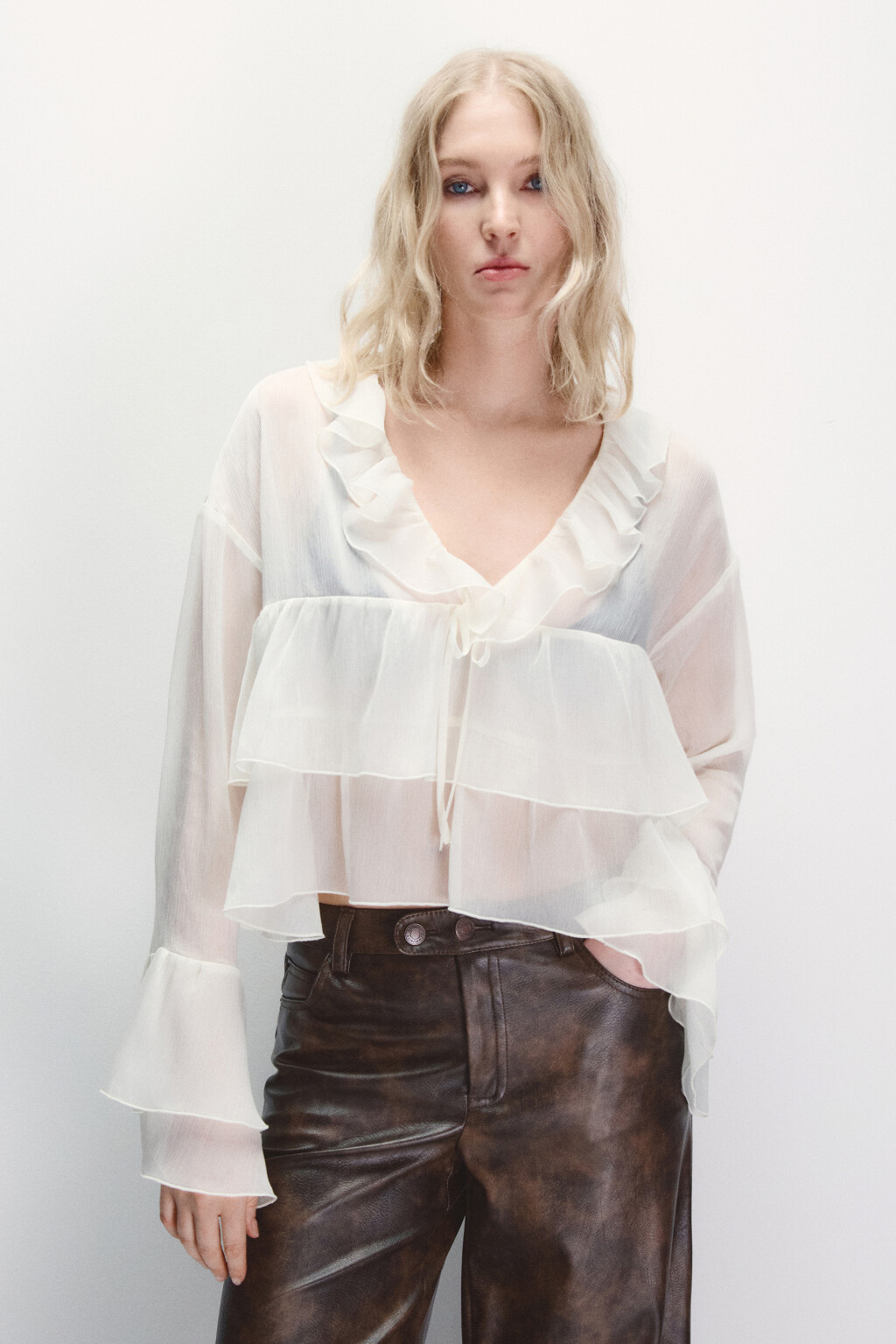 Блузка шифоновая с воланами - цвет молочный - 3