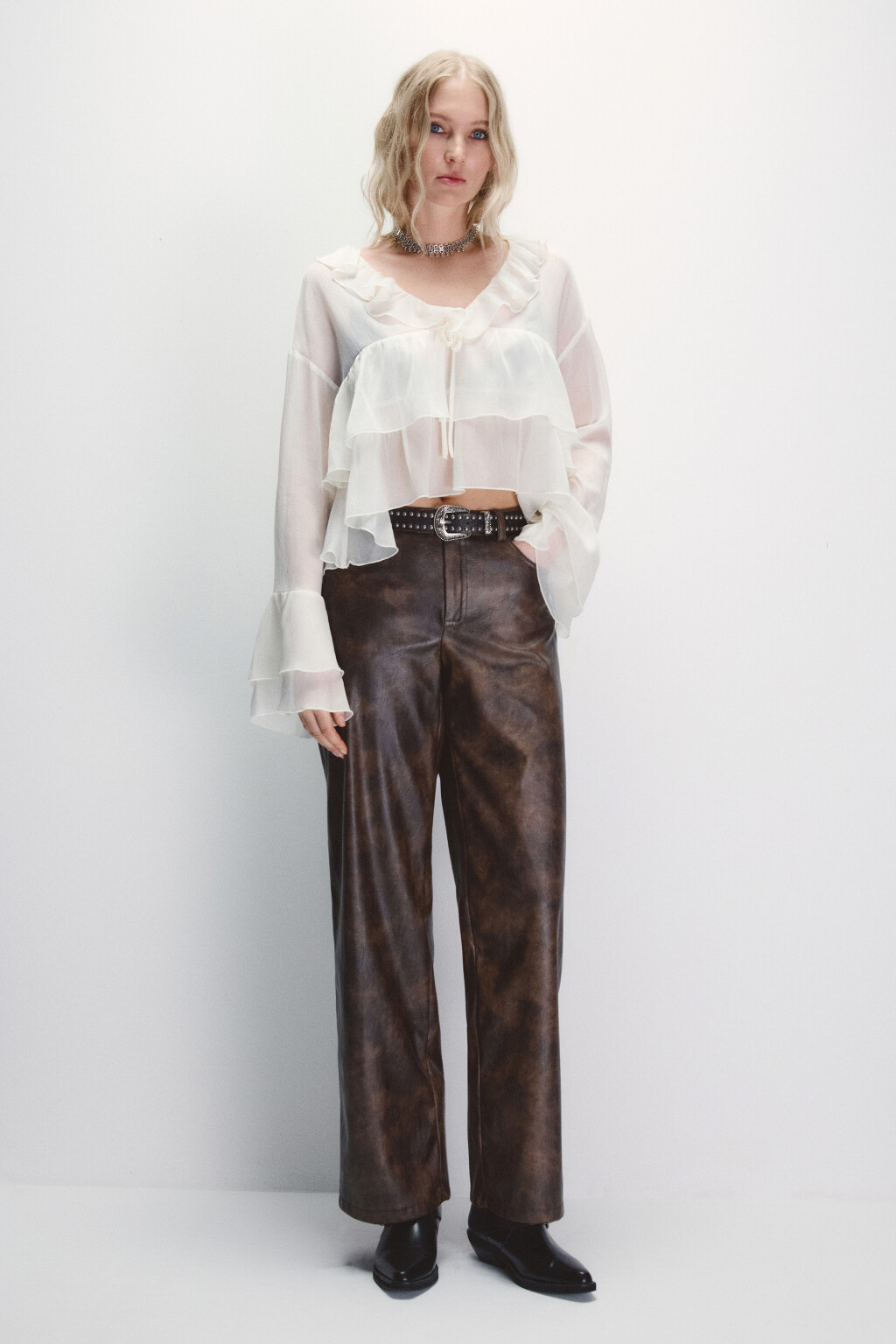 Блузка шифоновая с воланами - цвет молочный - 5