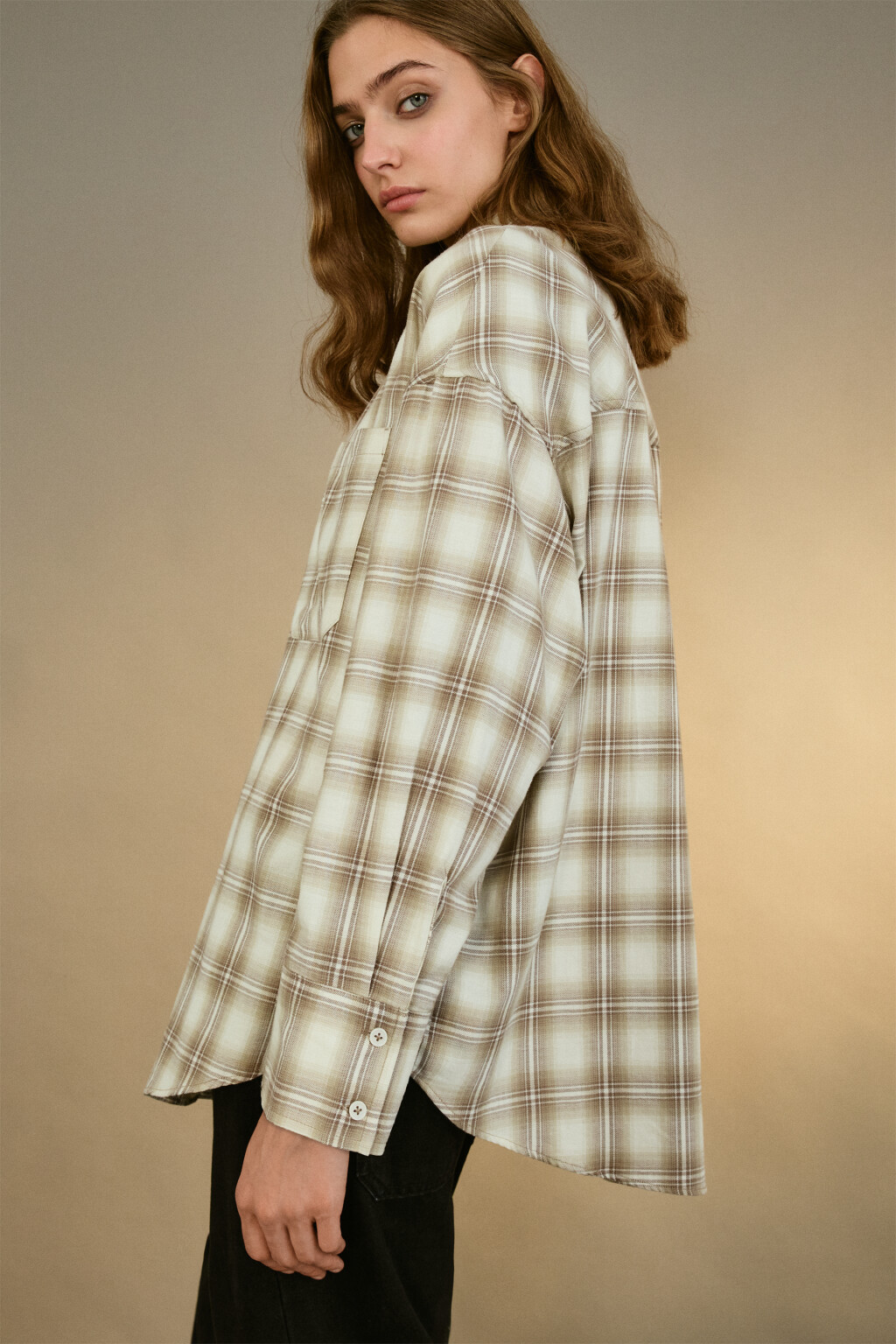 Рубашка oversize фланелевая в клетку - цвет бежевый - 1