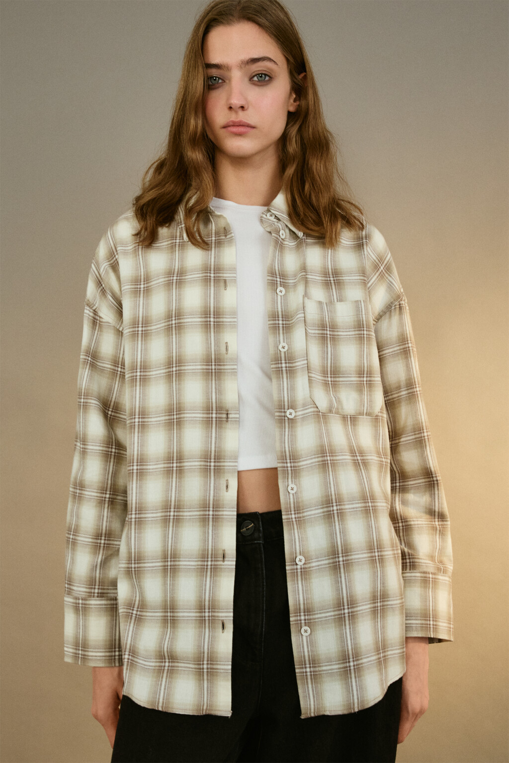 Рубашка oversize фланелевая в клетку - цвет бежевый - 2