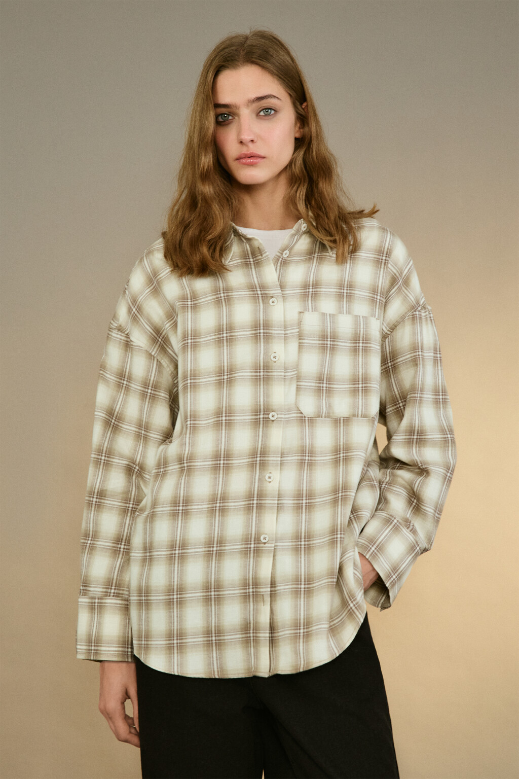 Рубашка oversize фланелевая в клетку - цвет бежевый - 3