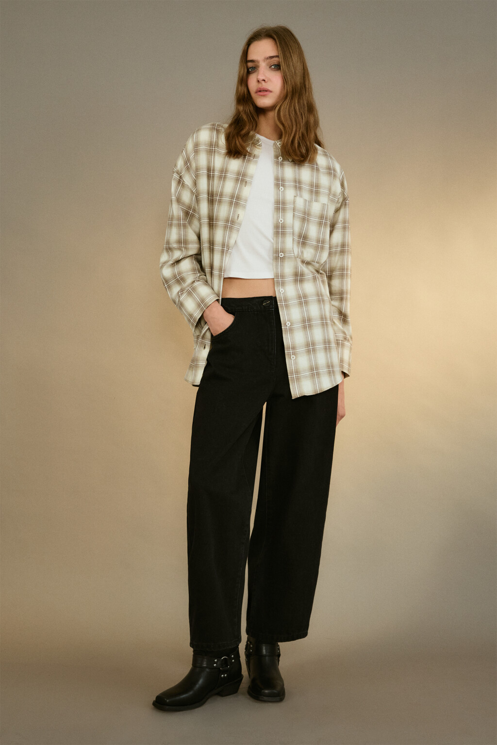 Рубашка oversize фланелевая в клетку - цвет бежевый - 5