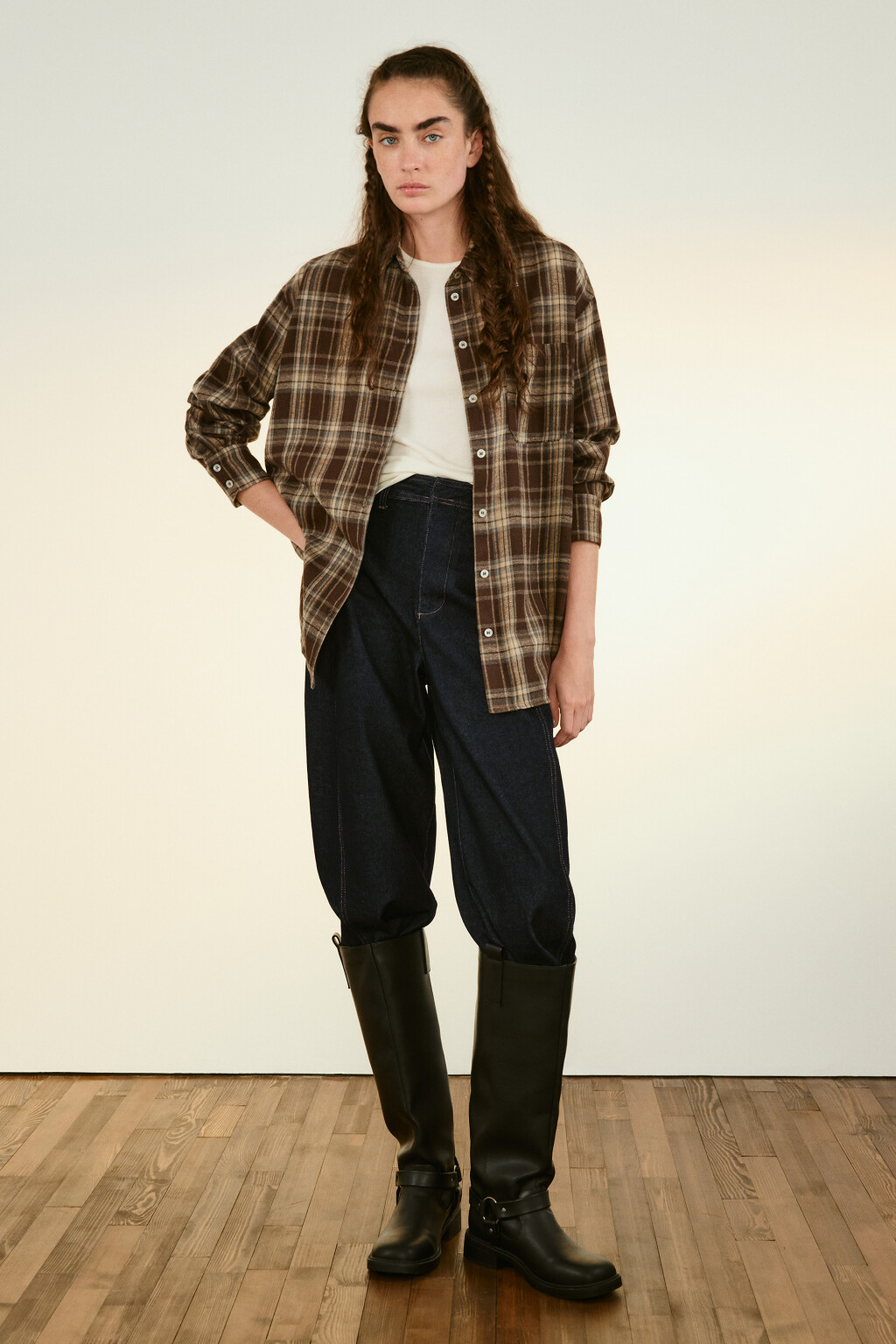 Рубашка oversize фланелевая в клетку - цвет коричневый - 4