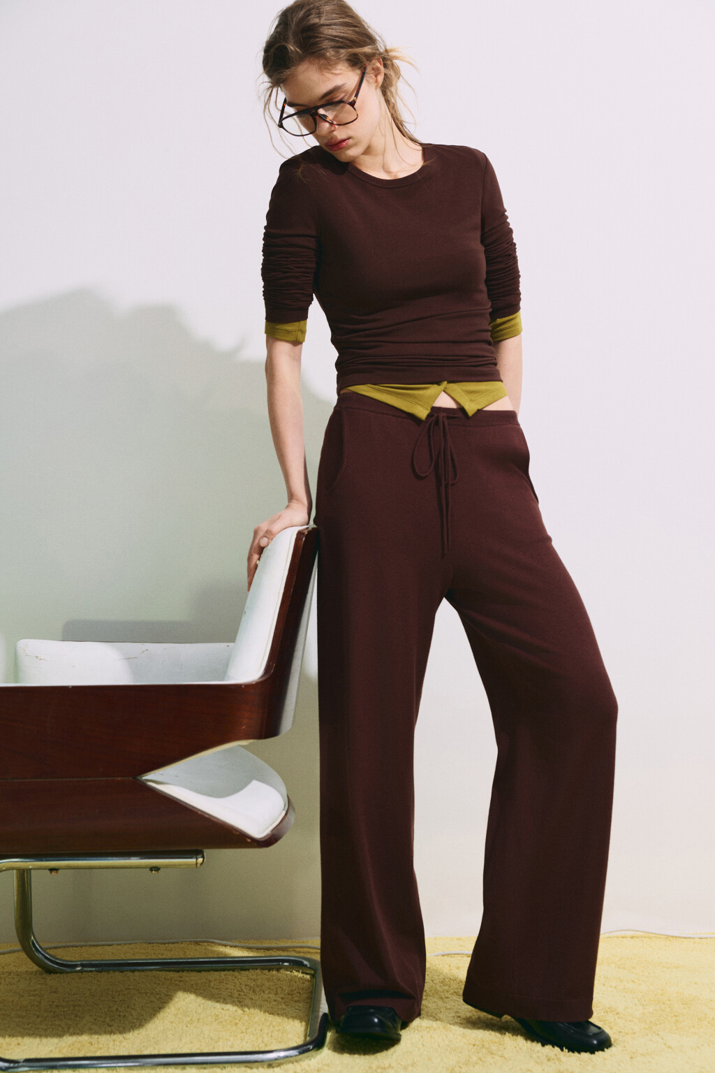 Брюки straight fit вязаные - цвет коричневый - 1