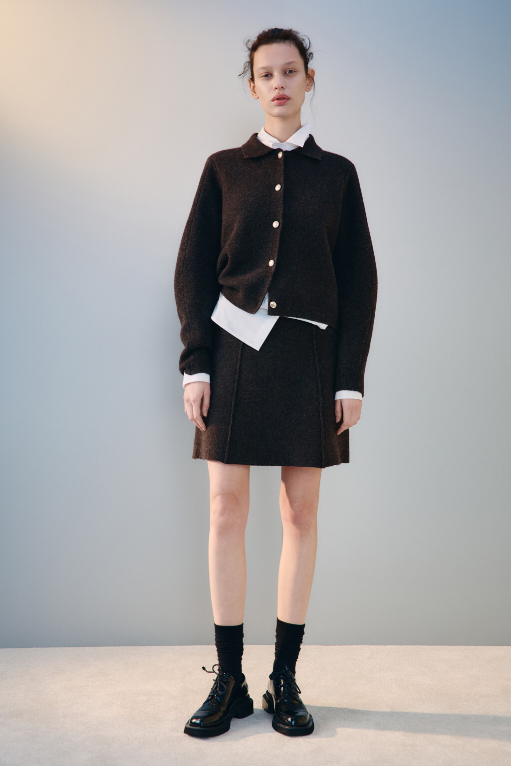 Юбка-трапеция из вязаного трикотажа - цвет бежевый - 4