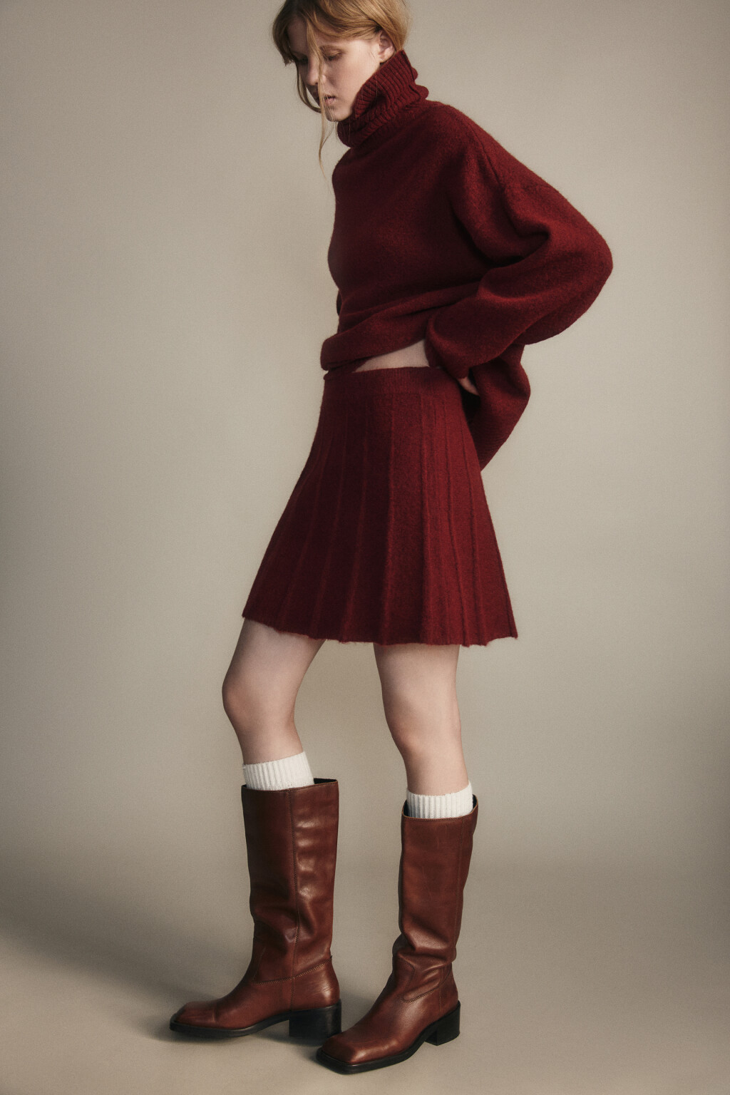 Юбка мини вязаная в складку - цвет бордовый - 1