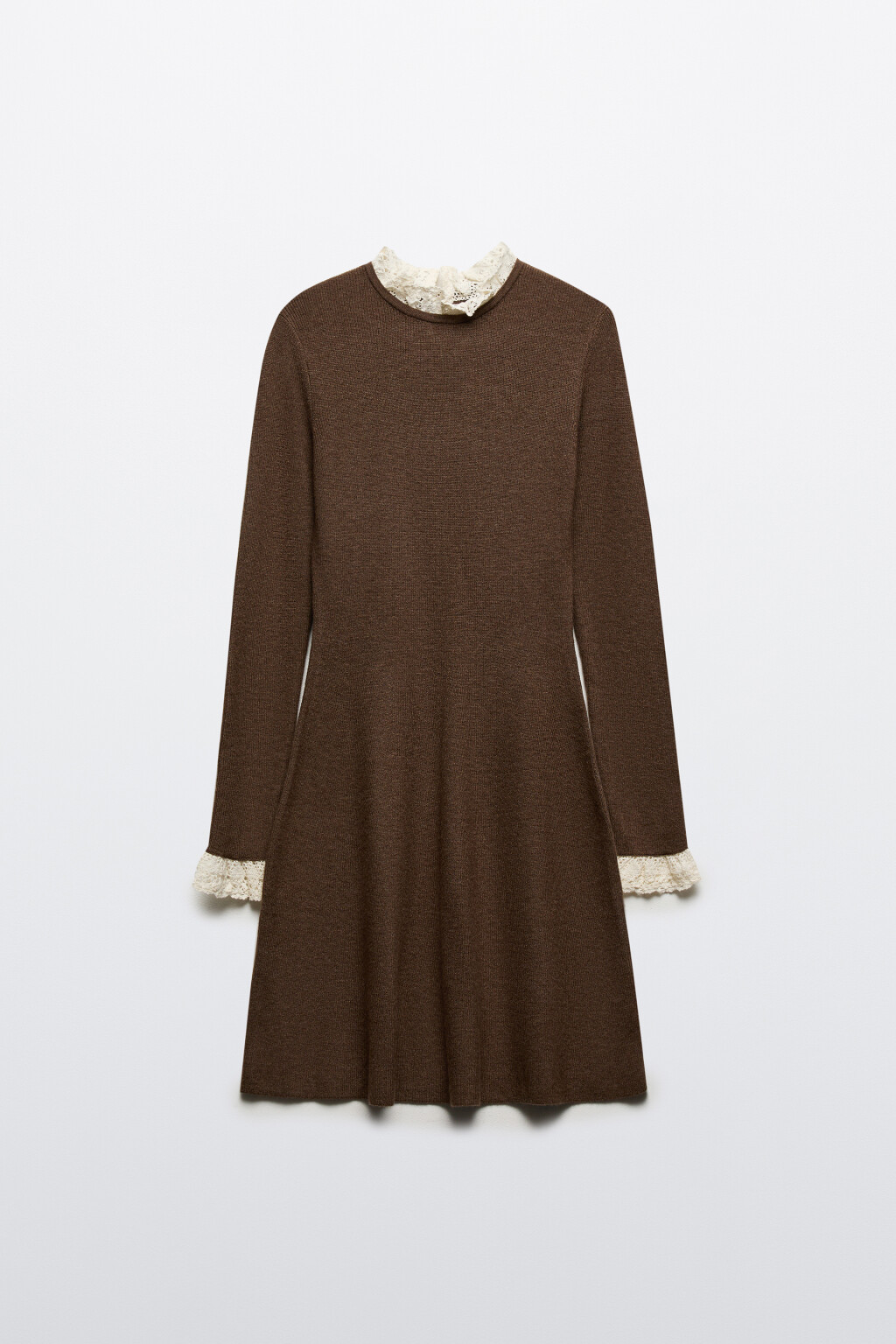 Платье мини вязаное с кружевом - цвет бежевый - 7