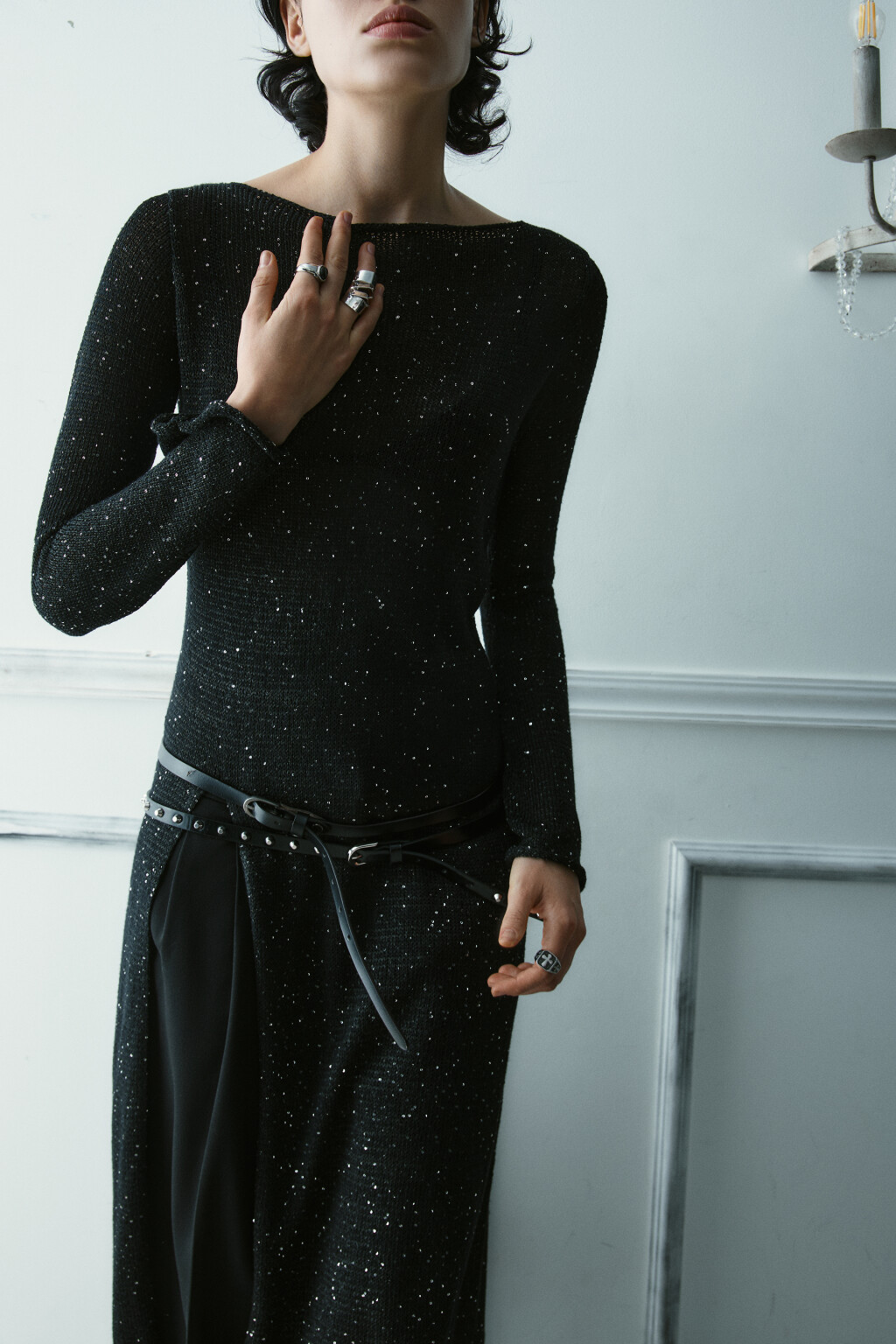 Платье макси вязаное с пайетками - цвет черный - 2