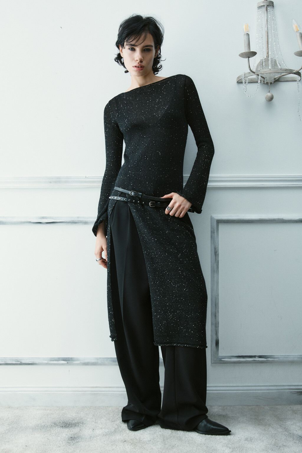 Платье макси вязаное с пайетками - цвет черный - 3