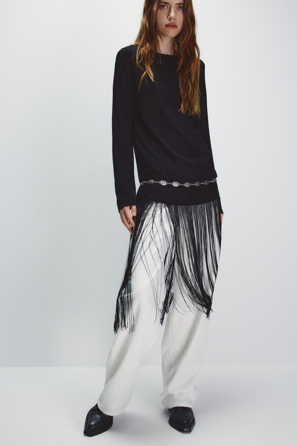 Платье миди вязаное с бахромой - цвет черный - 1