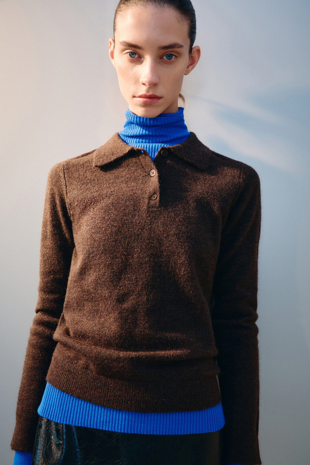 Джемпер-поло вязаный с шерстью - цвет коричневый - 1