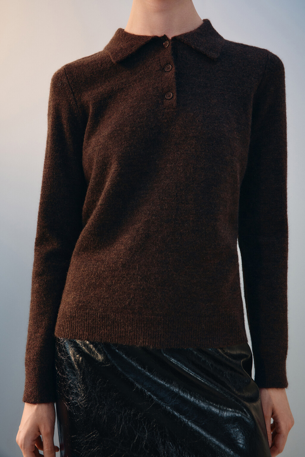 Джемпер-поло вязаный с шерстью - цвет коричневый - 5