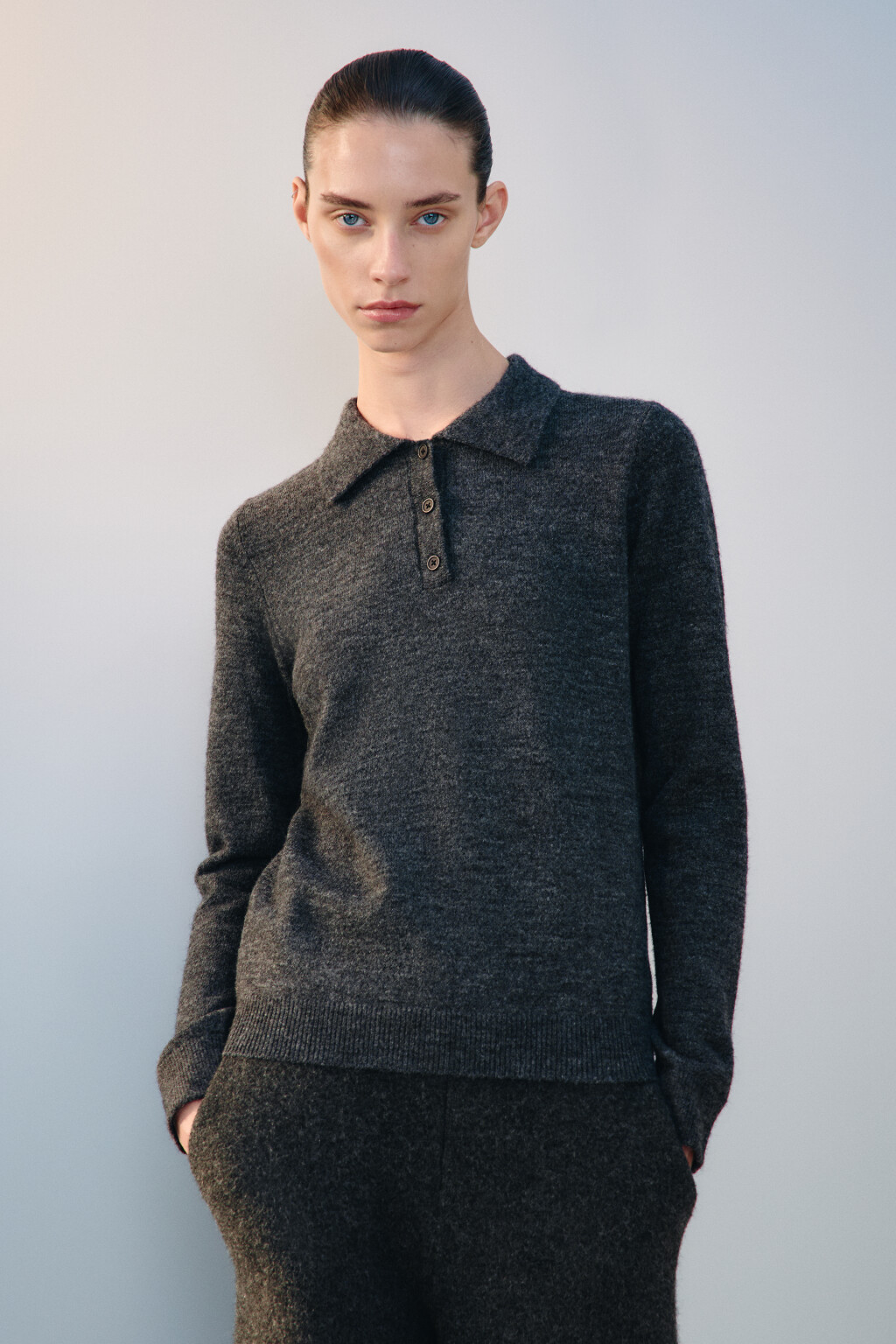 Джемпер-поло вязаный с шерстью - цвет серый - 3