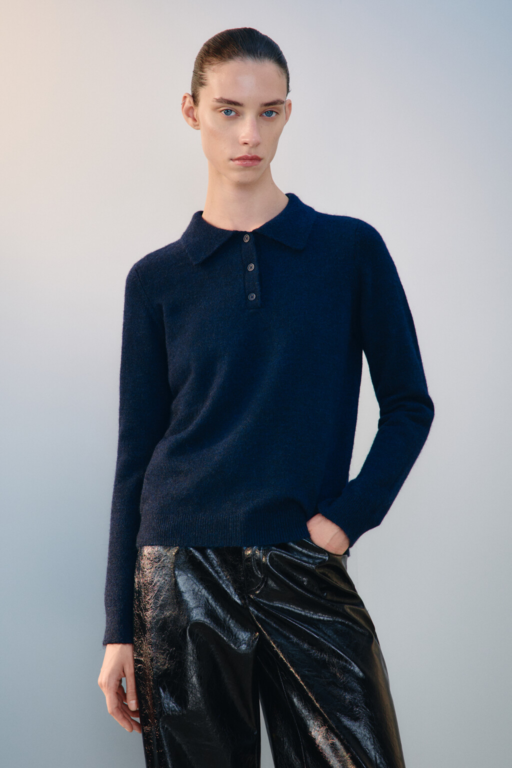 Джемпер-поло вязаный с шерстью - цвет синий - 3