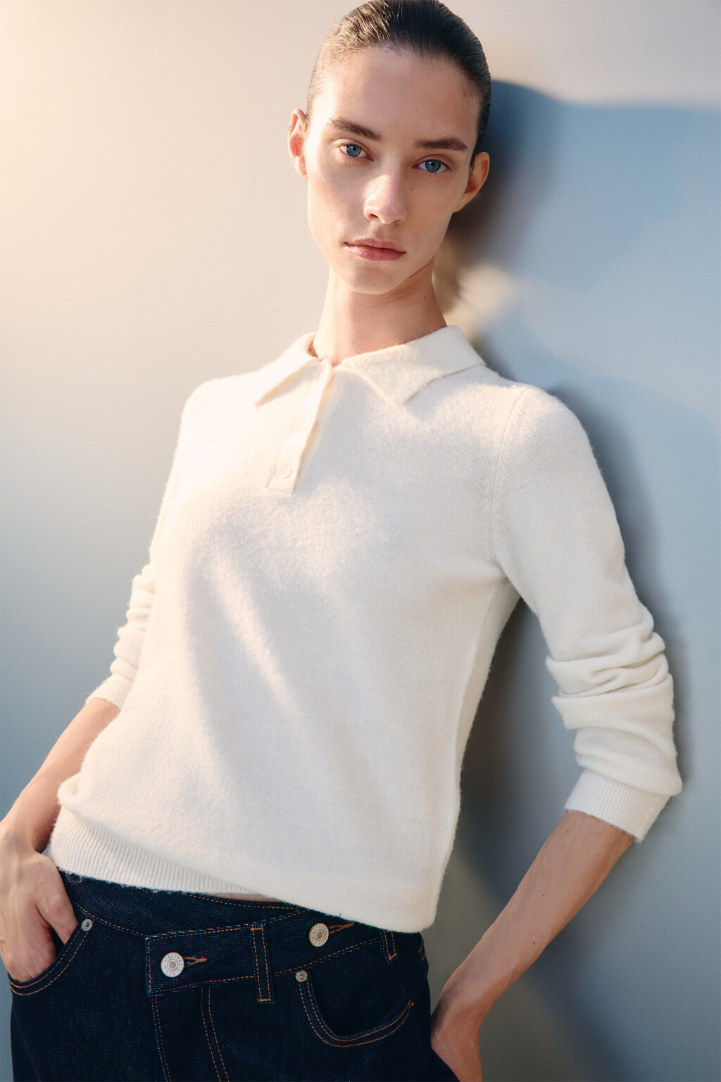 Джемпер-поло вязаный с шерстью - цвет молочный - 1